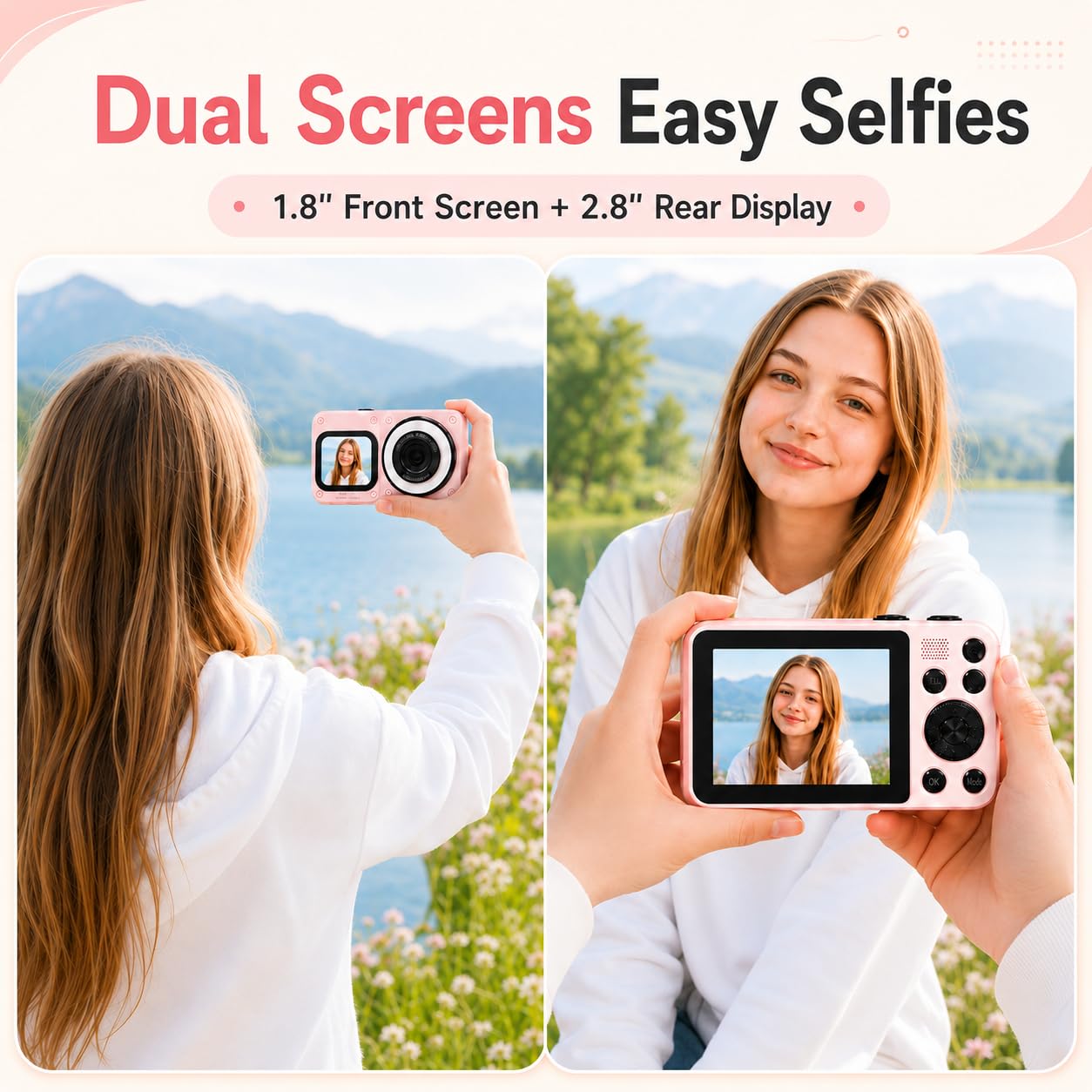 Digitalkamera 4K 64MP Vlogging Fotokamera Kompaktkamera 18X Digitalzoom Kamera mit 2 Bildschirme, Beauty Licht, 32GB SD Karte für Teenager Anfänger (Rosa + Beauty-Licht)