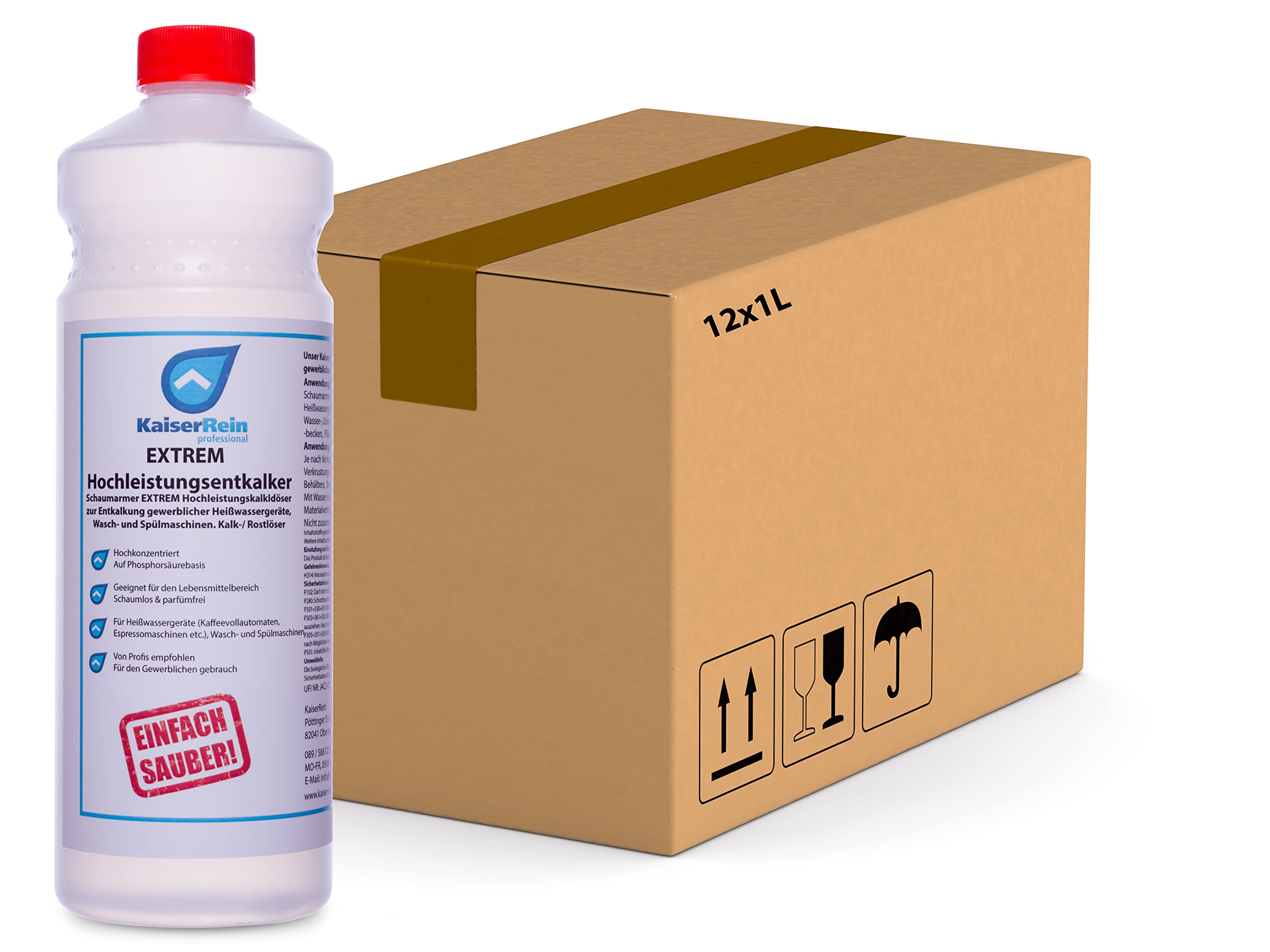 KaiserRein Profi Extrem Hochleistungsentkalker/Rostlöser flüssig 12x1L Kalklöser für Kaffeevollautomaten Entkalker Heißwassergeräte gegen Kalk, Urinstein, Wasserstein, Kesselstein und Rost