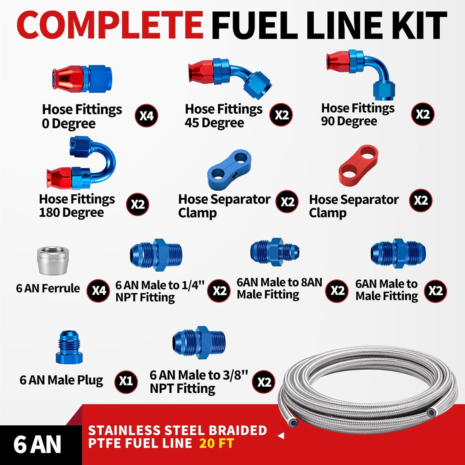 6AN PTFE Fuel Line Kit, Stainless Steel Braided PTFE Fuel Hose 20FT With AN6 Hose End Fitting, Blue & Red