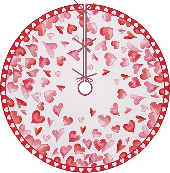 Valentines Day Christmas Tree Skirt, 48 Inches Lace-up Watercolor Red Pink Love Hearts Tree Skirt, Romantic Anniversary Wedding Buffalo Plaid Holiday Party Indoor Decoration Home Decor