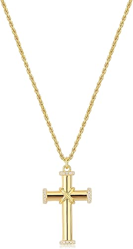 Fettero Collar con dije de cruz para mujer, chapado en oro de 14 quilates, collar de cadena ajustable, delicado collar de fe simple, collar con