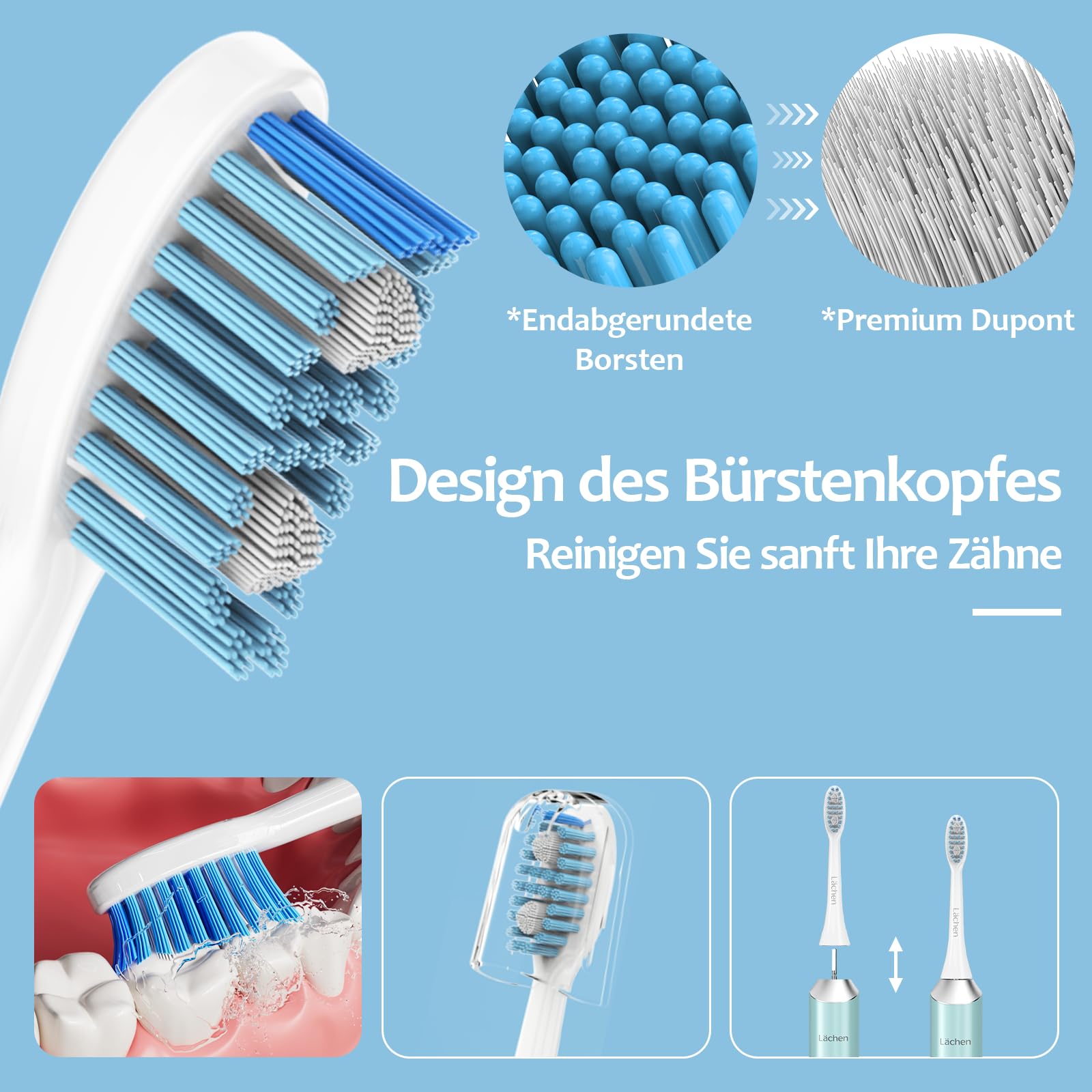 Lächen Spazzolino da denti elettrico, 5 modalità, spazzolino elettrico sonico con custodia da viaggio, 4 testine di ricambio, timer da 2 minuti, ricarica USB per 60 giorni, spazzolino da denti