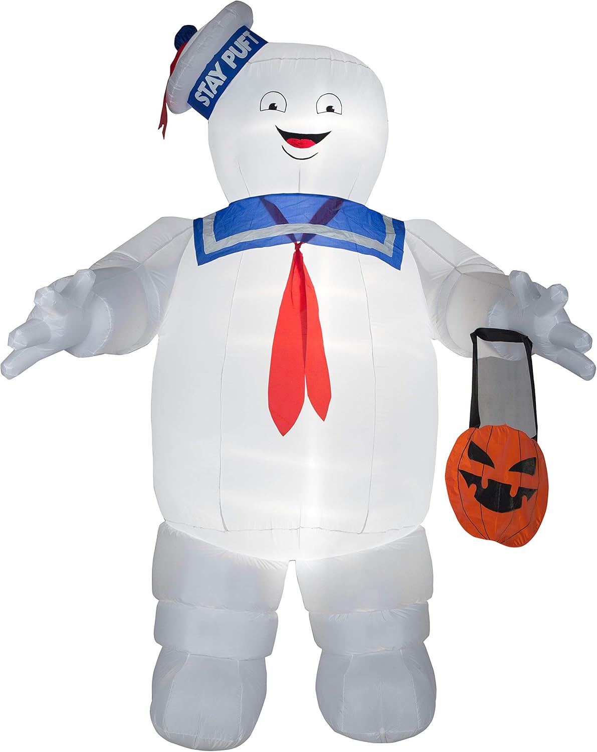 Gemmy Airblown Stay Puft w/Pumpkin Tote Giant Ghostbusters, 10 ft Tall, white