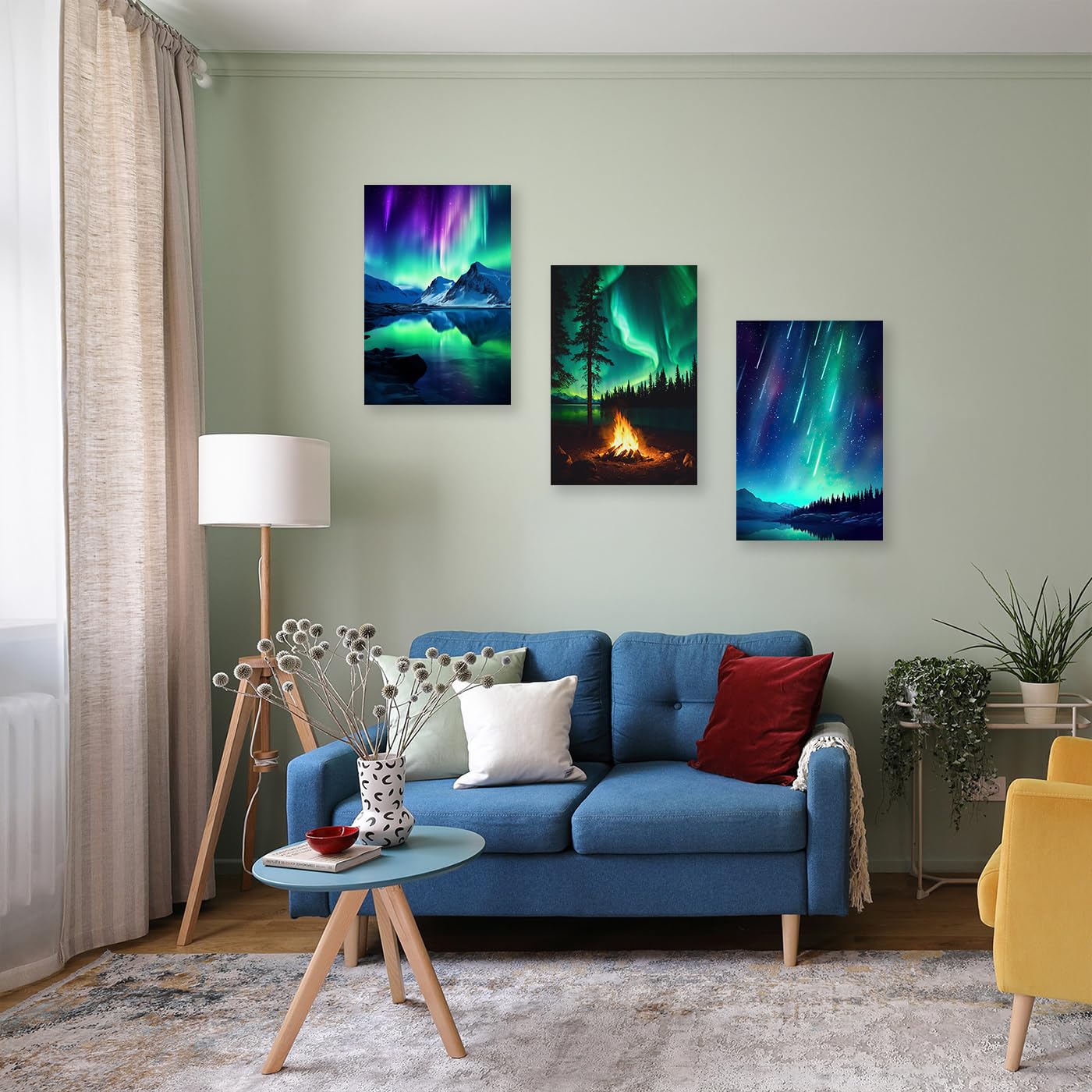 CXHOSTENT 3 Panels Aurora Borealis Canvas Wall Art Northern Lights Wall Decor Snow Mountain Lake Forest Bonfire Pictures Large Living Room Decor Frame (Aurora Borealis - Image 2