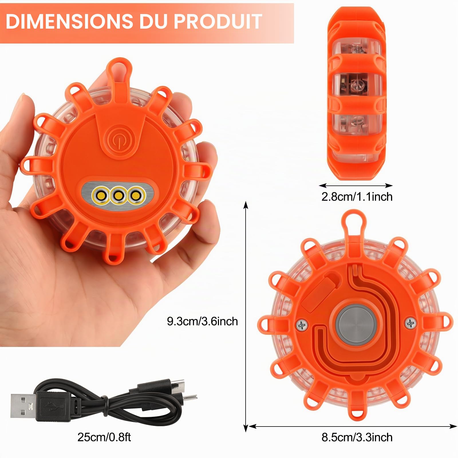 Gyrophare LED,Clignotant Routier LED,Indicateur de disque d'urgence rechargeable USB avec 9 modes de clignotement,câble de charge 2 en 1 et chargeur camion clignotant lumière d'avertissement (4)