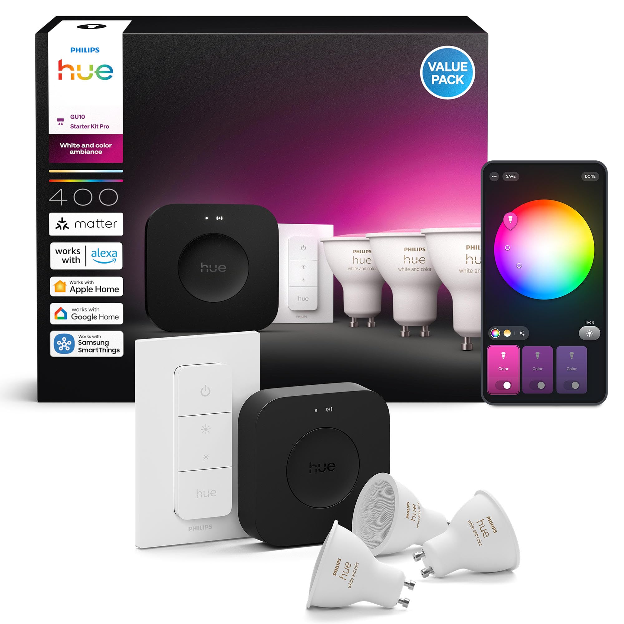 Kit di avviamento - PHILIPS HUE - Luce bianca e atmosfera colorata - 1 Bridge Pro + 3 faretti GU10 da 400 lumens + 1 variateur interruttore
