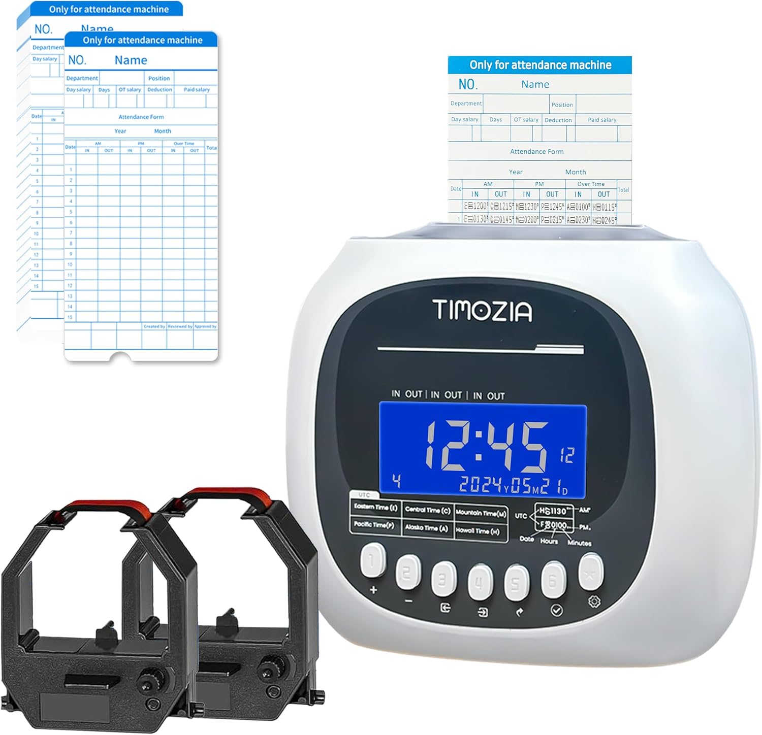 Time Clock for Employees Small Business, 6 U.S. Time Zones, Automatic Daylight Saving & Auto Time Update, Punch Card Time Recorder with 6 Punches Per Day-50 Time Cards and 2 Ribbons (White-2)