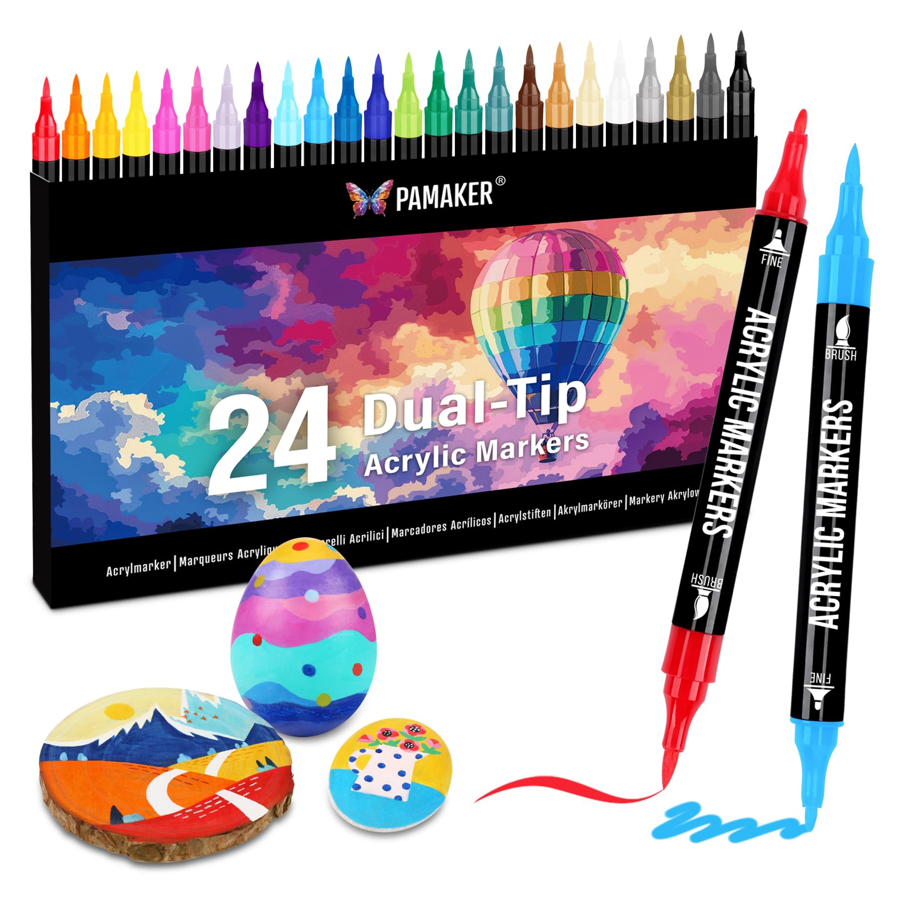 Pamaker 24-Farben Acrylfarbe Marker, Dual Tip mit feiner Spitze und Pinsel Spitze Stifte für Stein, Holz, Kalligraphie, Leinwand, Keramik, Metall, Glas, Rock Malerei, DIY Handwerk