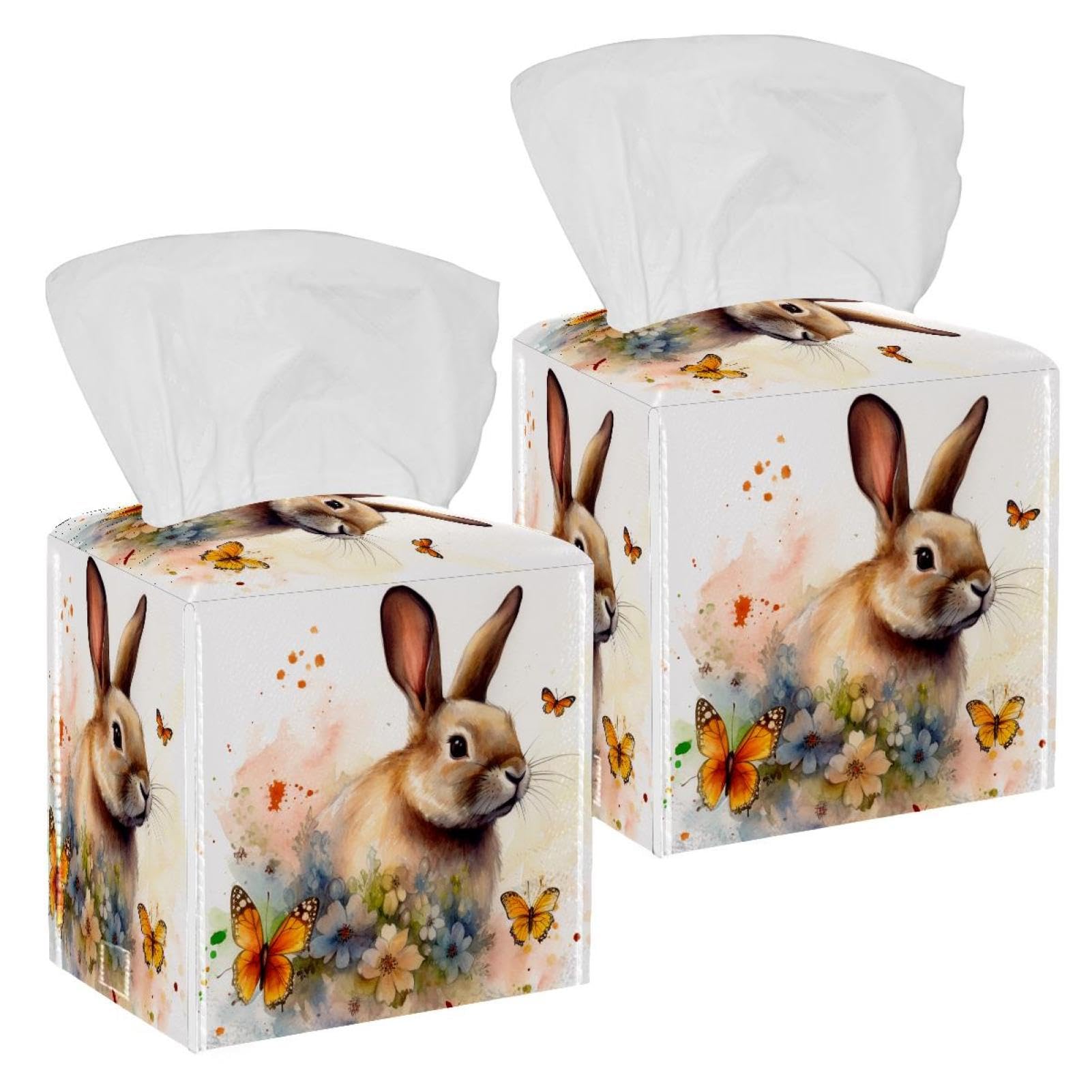 Floral Rabbit Tissue Box Cover, 2 Pack PU Leather Square Facial Tissue Dispenser Box holder for Home Office Car