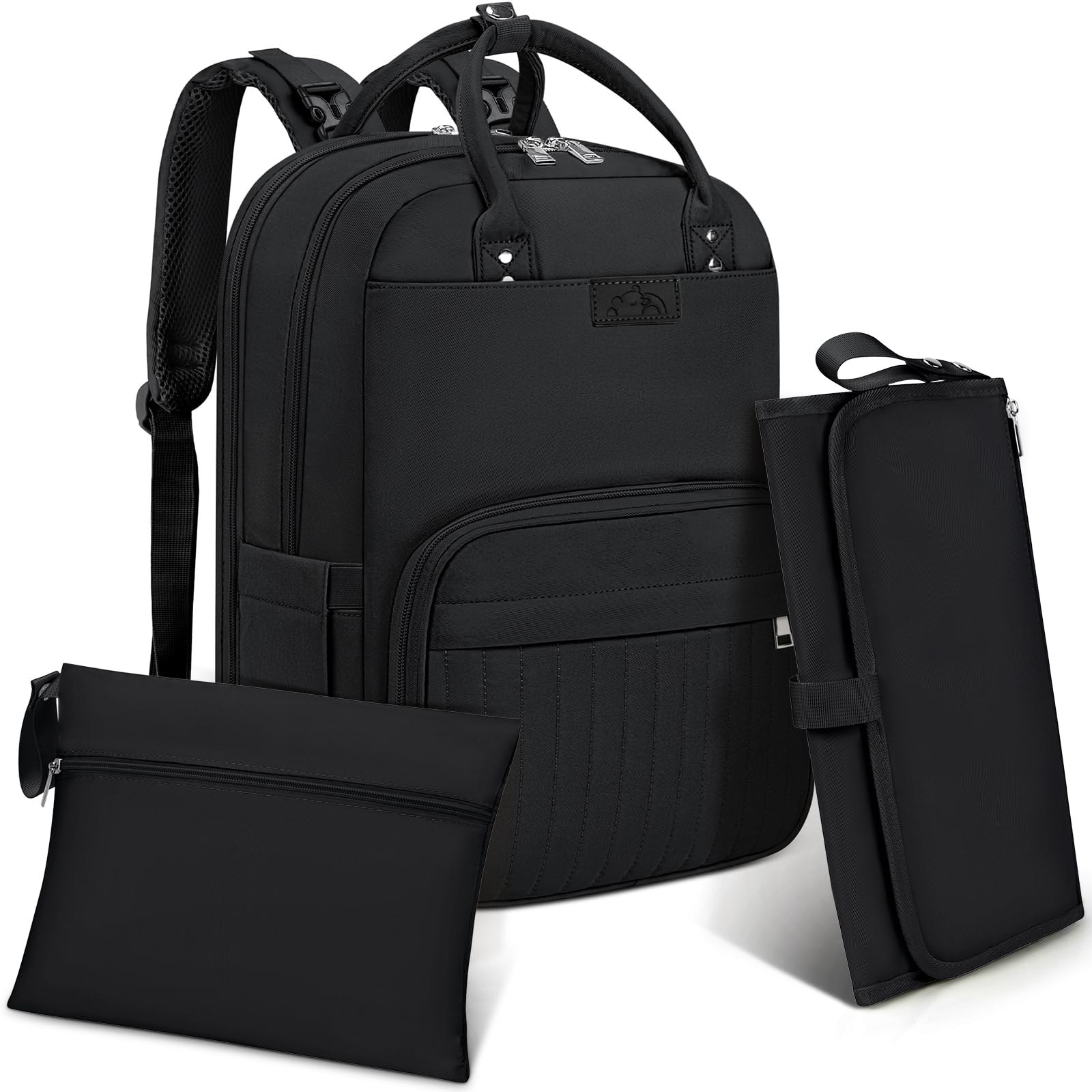 RAINSMORE Sac à Langer Bébé Grand Sac à Dos avec Matelas et Sangles de Poussette Sac Isotherme Noir