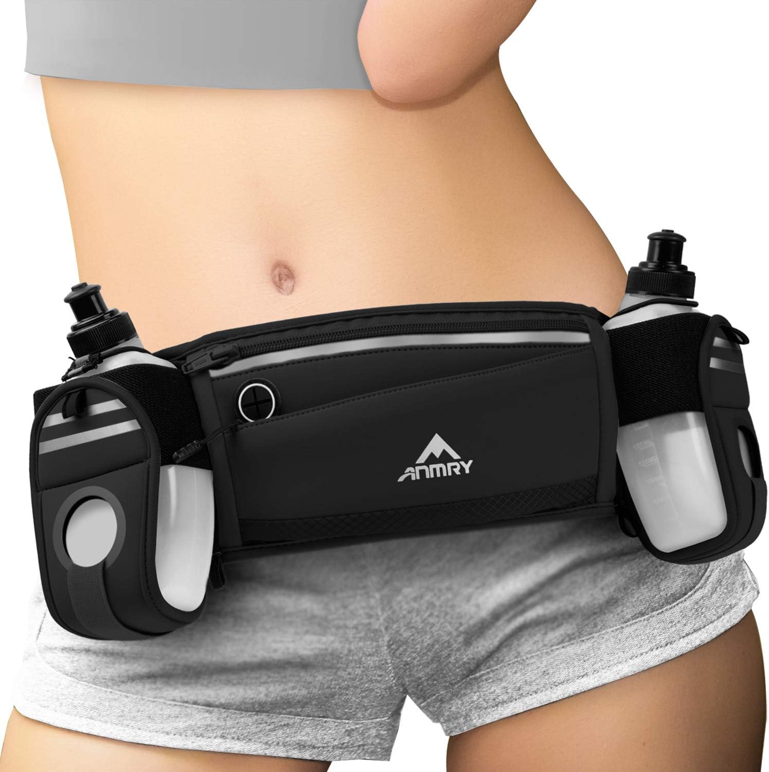 ANMRY Running Belt with Water Bottle ,Running Hydration Belt Waist Packs Bag with Adjustable Belt | 2 Pockets | 2 10OZ Water Bottles for Running Hiking Cycling Marathon for 6.5 Inch Smartphones-Black