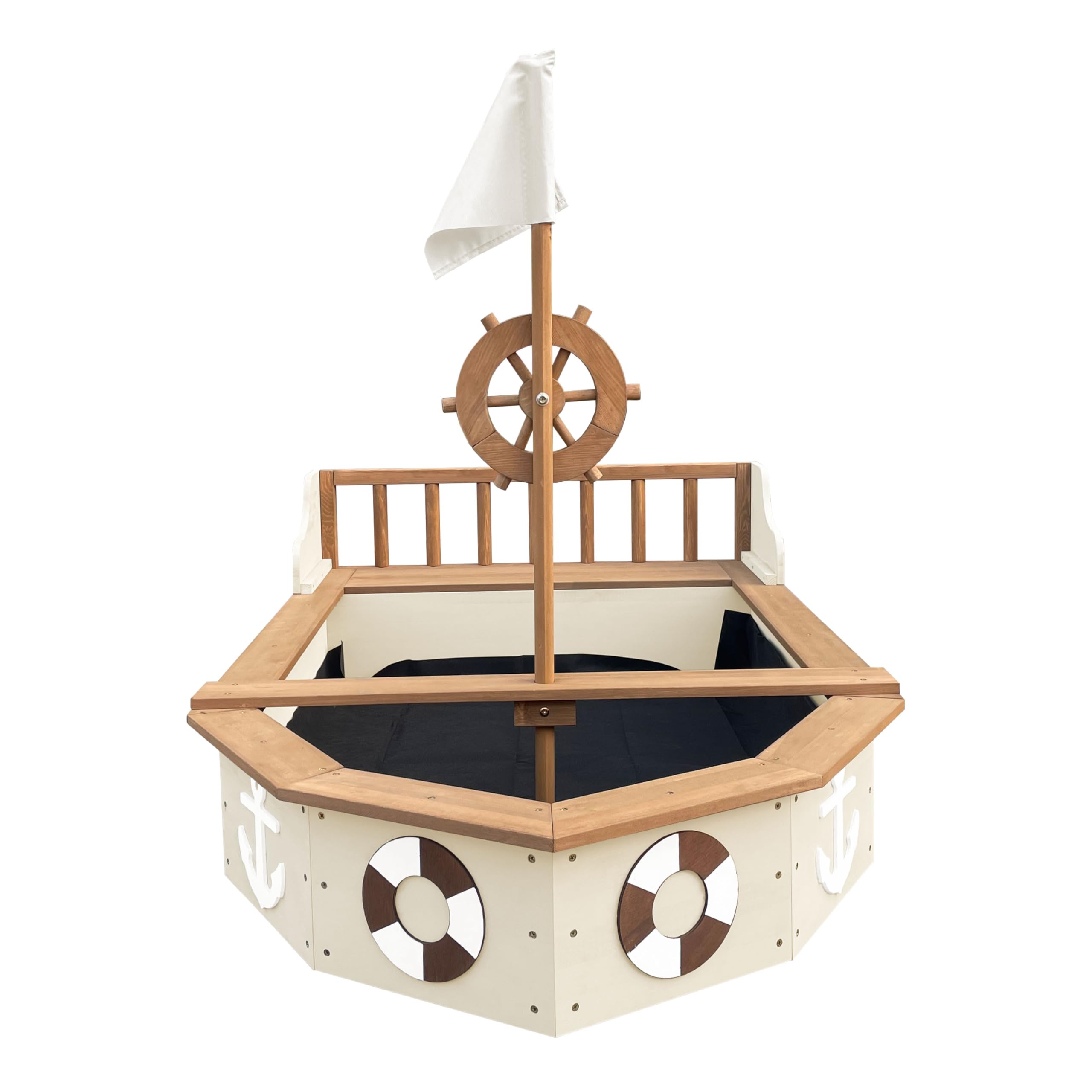 AXI Doris Sabbiera in legno, Sabbiera in legno a forma di barca - Beige | Sabbiera barca, Timone girevole sull'albero maestro | Include vela e panno di terra 153 x 90 x 100 cm circa 180 kg di sabbia