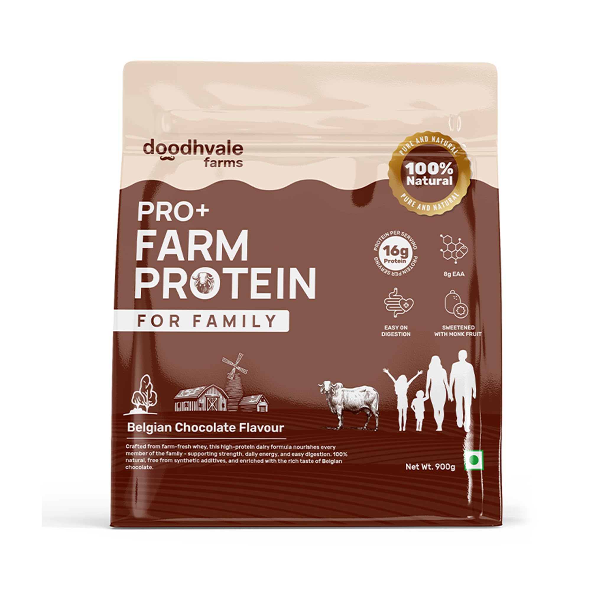 Doodhvale Farms PRO+ Farm Protein Family Belgian Chocolate | Daily Nutrition | Protein Powder for All Age Groups | 900g-image-36