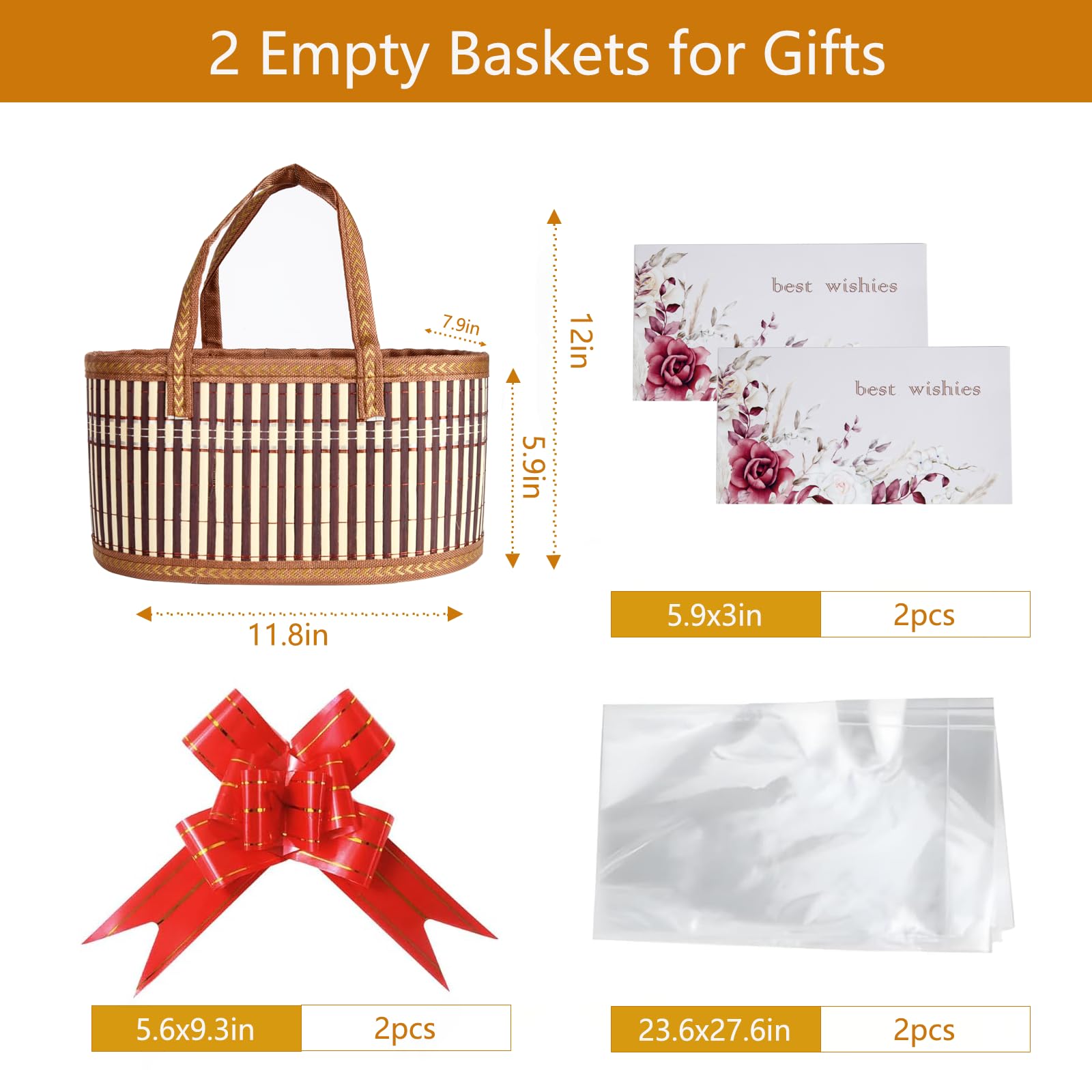 2 Set Baskets for Gifts Empty Bamboo with Handles for Baby Shower, Birthday Wrapping Gift, 2 Cellophane Wrap Bags and Ribbons, 2 Cards