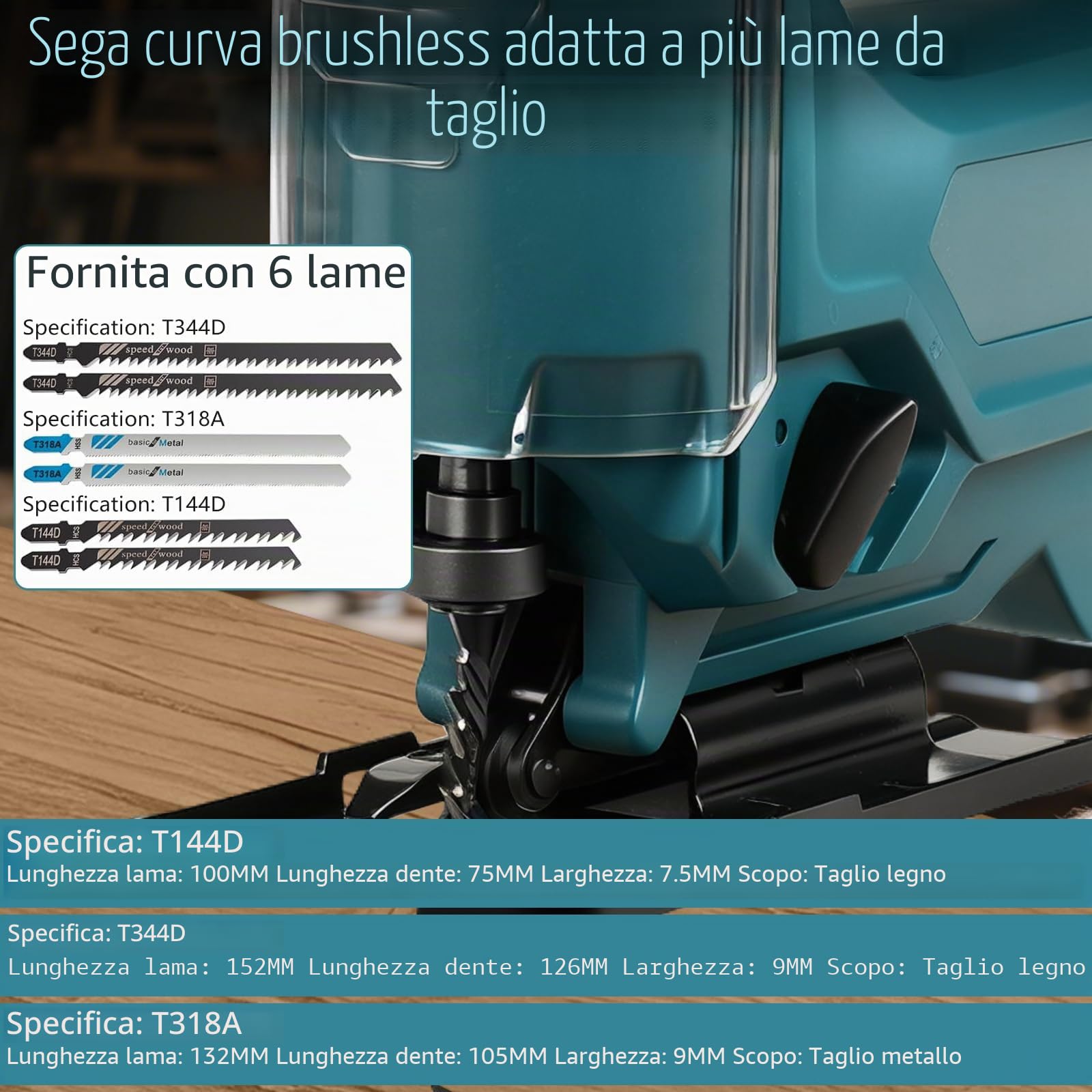 Seghetto Alternativo a Batteria compatibile con Makita 18 V, 3500 RPM, Angolo di Inclinazione Regolabile da ±45 °, velocità variabile, Sega Elettrica per Legno e Metallo (senza batteria)