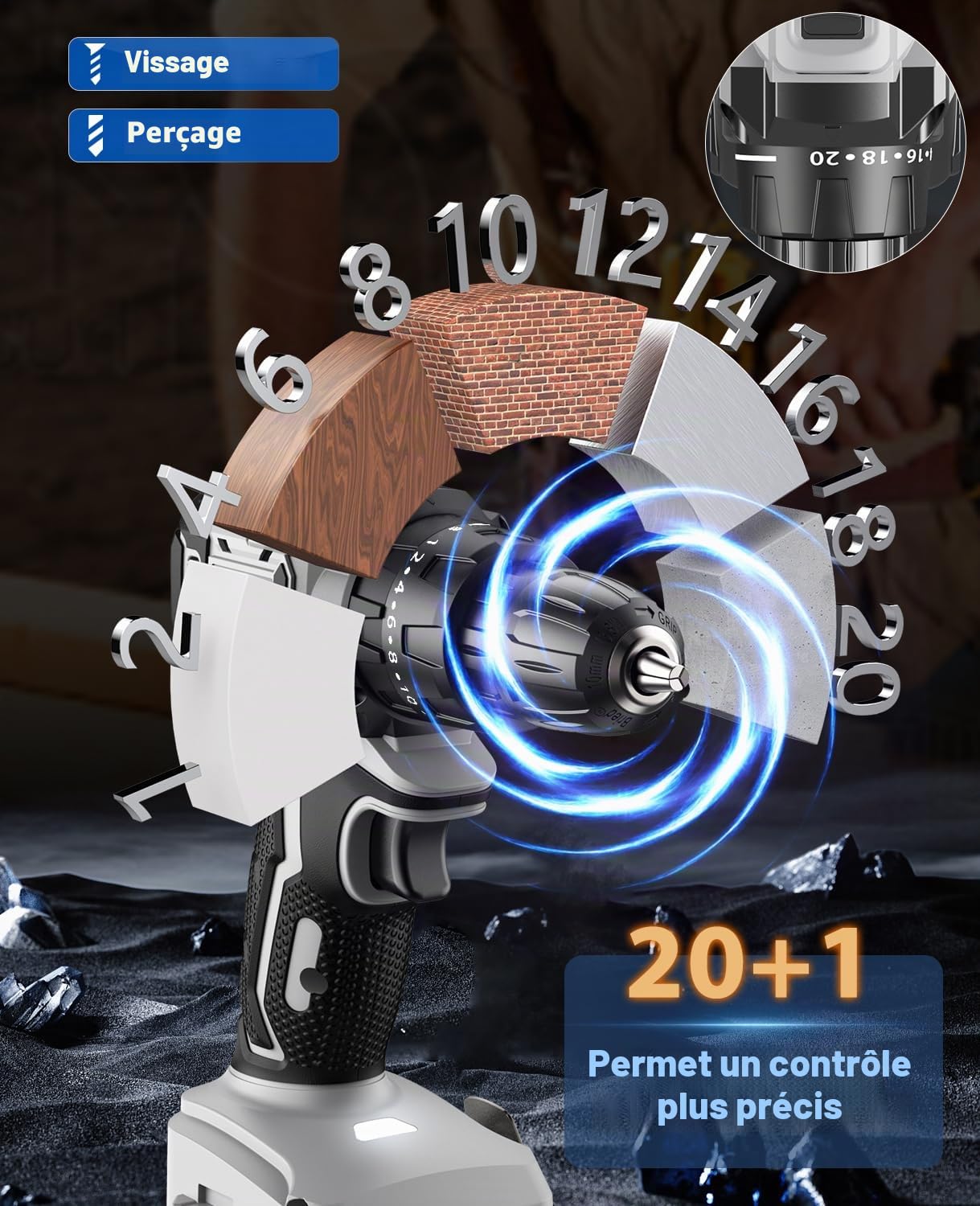 Perceuse Visseuse Sans Fil 21V, Brushless Visseuse Devisseuse avec 2 Batteries 2.0Ah, 45N.m Percussion, 20+1 Réglages de Couple, 14 Accessoires, 2 Vitesses, pour la Bricolage, Gris
