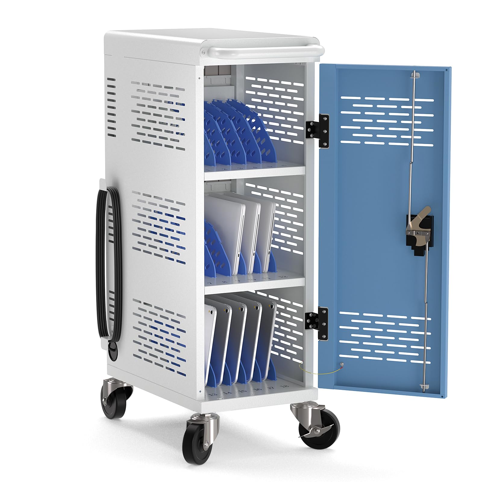 Fully Assembled 18-Device Charging Cart for Chromebook - Locking Laptop Cabinet with Cable Management, Cord Organization, Power Strip - Locks and Stores Tablets up to 14'' and 1.4'' Thick (Gray)