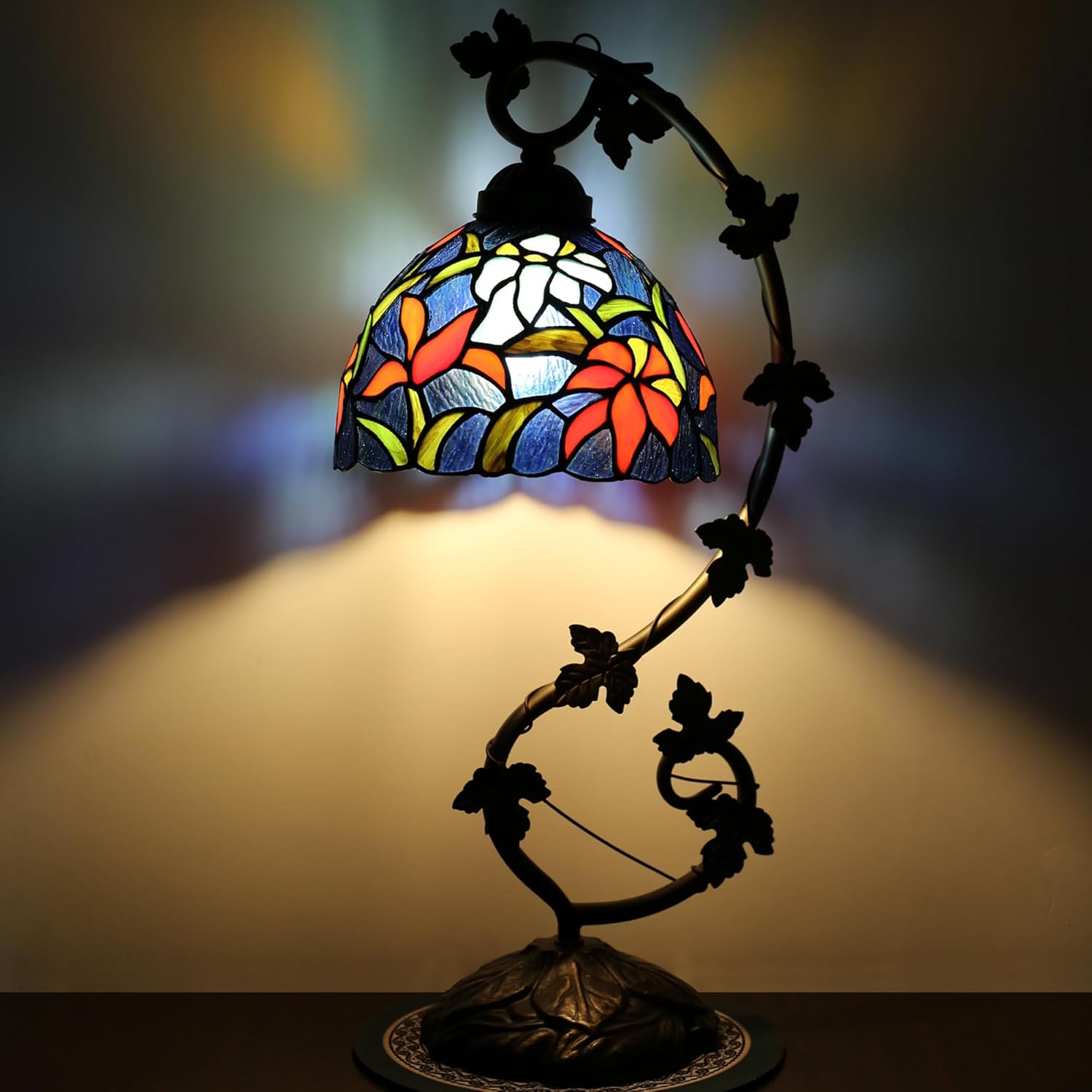 Tiffany Table Lamp Stained Glass Small Lamp 8 x 10 x 21 Inches Metal Leaf Base Bedroom Living Room Study Desk Reading Light (Maple Leaf Style)