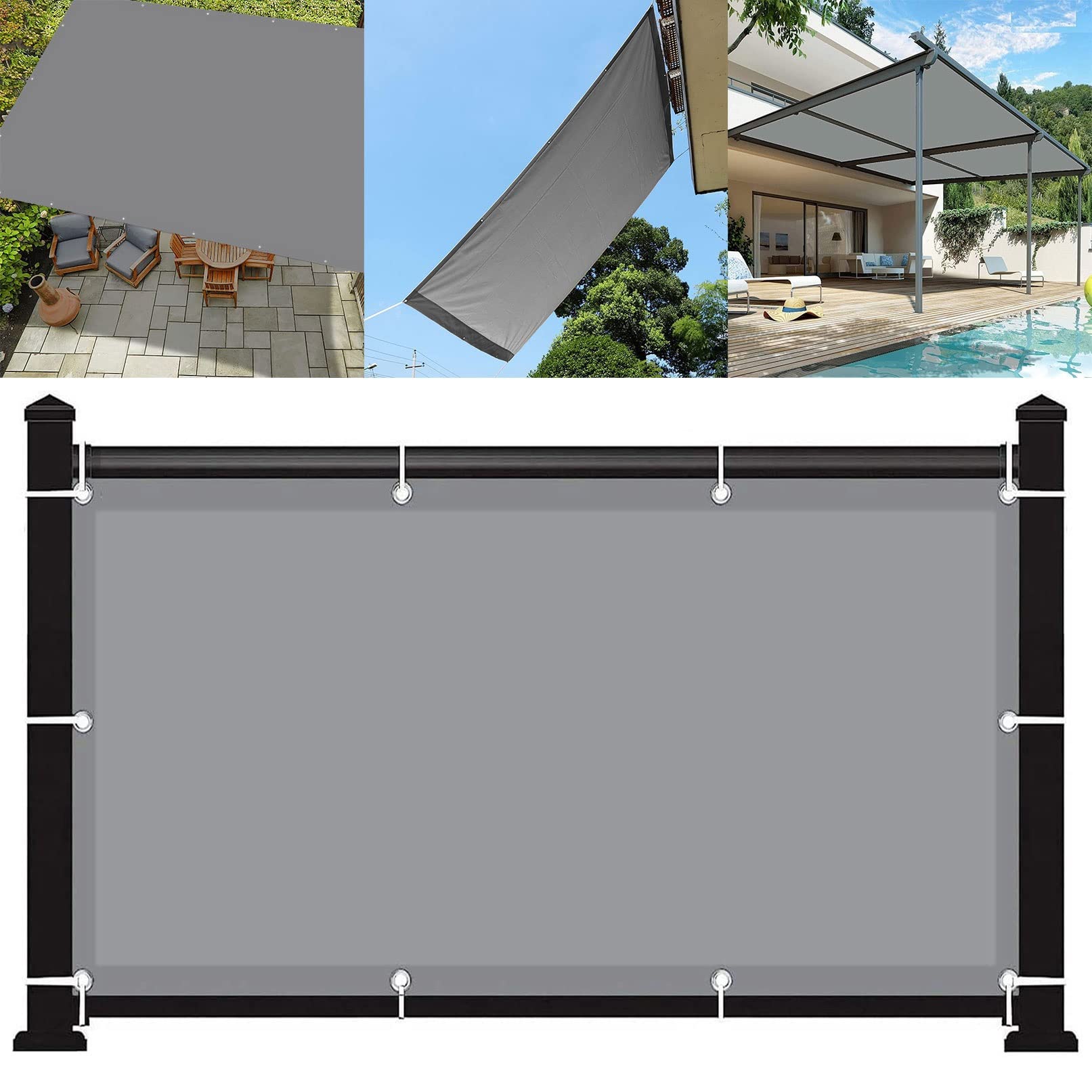 Voile d'ombrage rectangulaire étanche 1.4x3.8m gris clair avec cordes