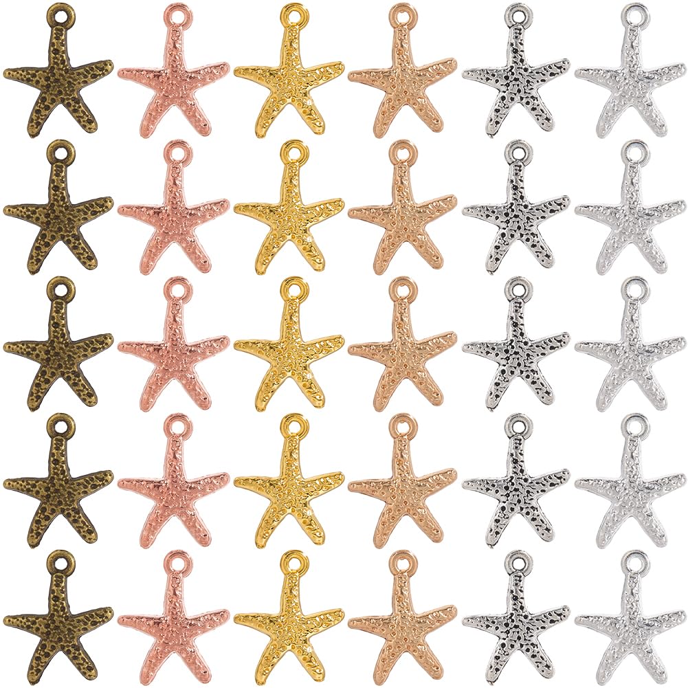SUNNYCLUE 1 Box 120Pcs 6 Colors Gold Starfish Charms Starfish Charm Bulk Tibetan Antique Silver Alloy Summer Life Hawaii Ocean Beach Sea Star Pendants for Jewellery Making Necklace Earrings Bracelet