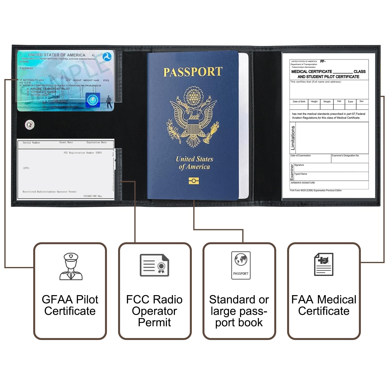 Billetera Pilot - Cartera para pasaporte, accesorios de piel para pasaporte, color negro, Negro -, Billetera Pilot - Soporte para pasaporte 2