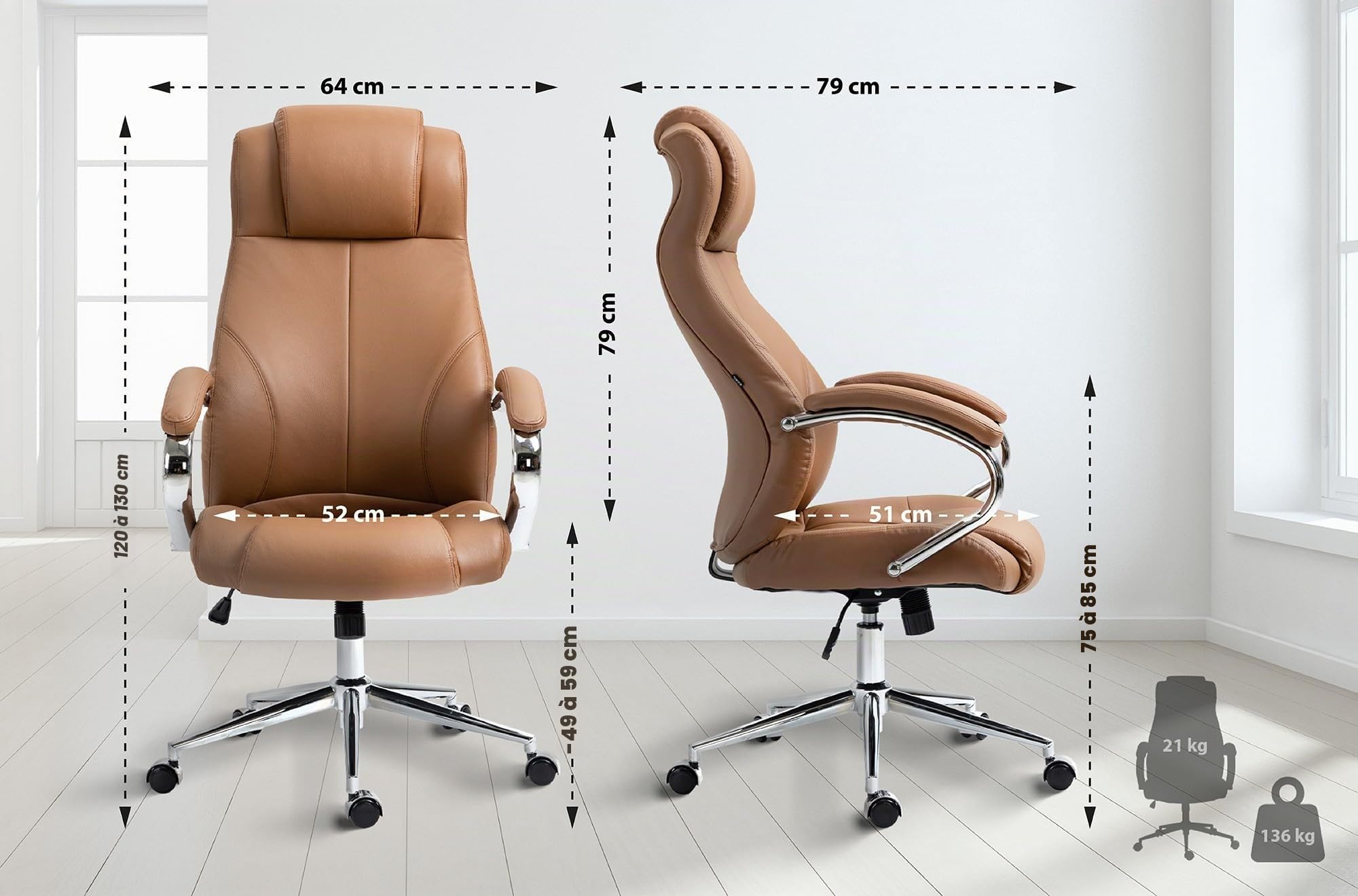 CLP Chaise de Bureau Salford I Chaise de Bureau avec revêtement en Cuir véritable I Chaise réglable en Hauteur et pivotante Couleur:Brun Clair