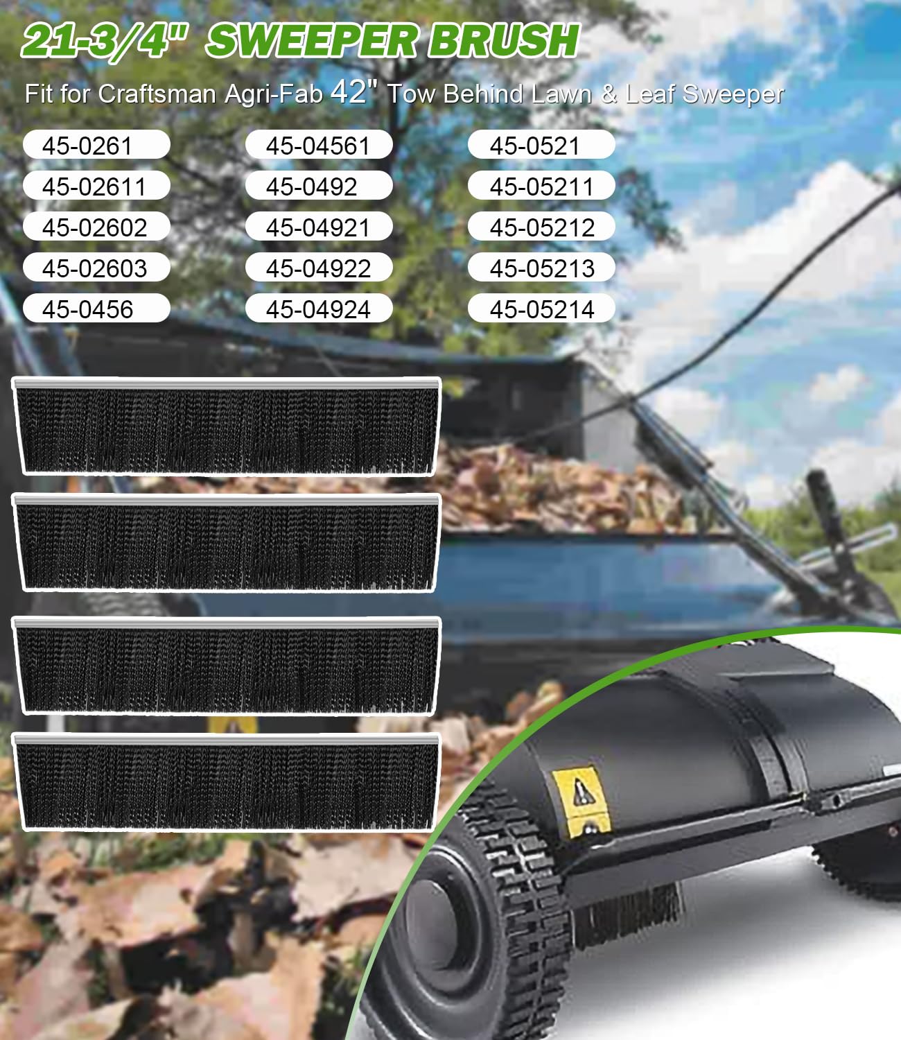 Paquete de 4 cepillos de 21-3/4 pulgadas para remolque Craftsman Agri-Fab de 42 pulgadas detrás del césped y barredora de hojas, 46780