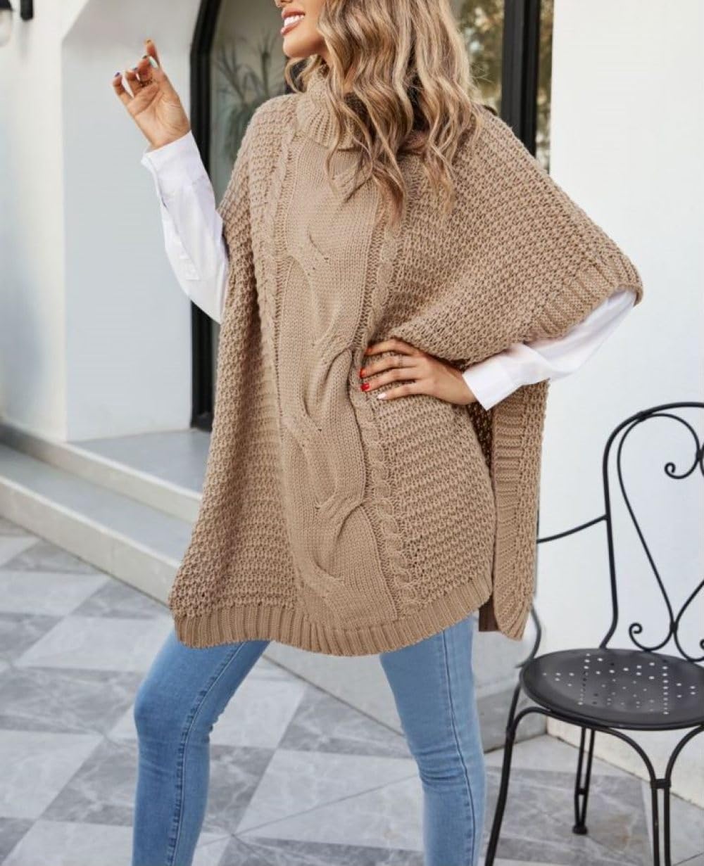 Dolcevita Invernale da Donna Poncho Lavorato A Maglia con Scialle Maglione Maglione Mantella Avvolgente, Maglione Oversize A Mezza Manica Lavorato A Trecce, Maglione Casual A Maglia Grossa con Spacc