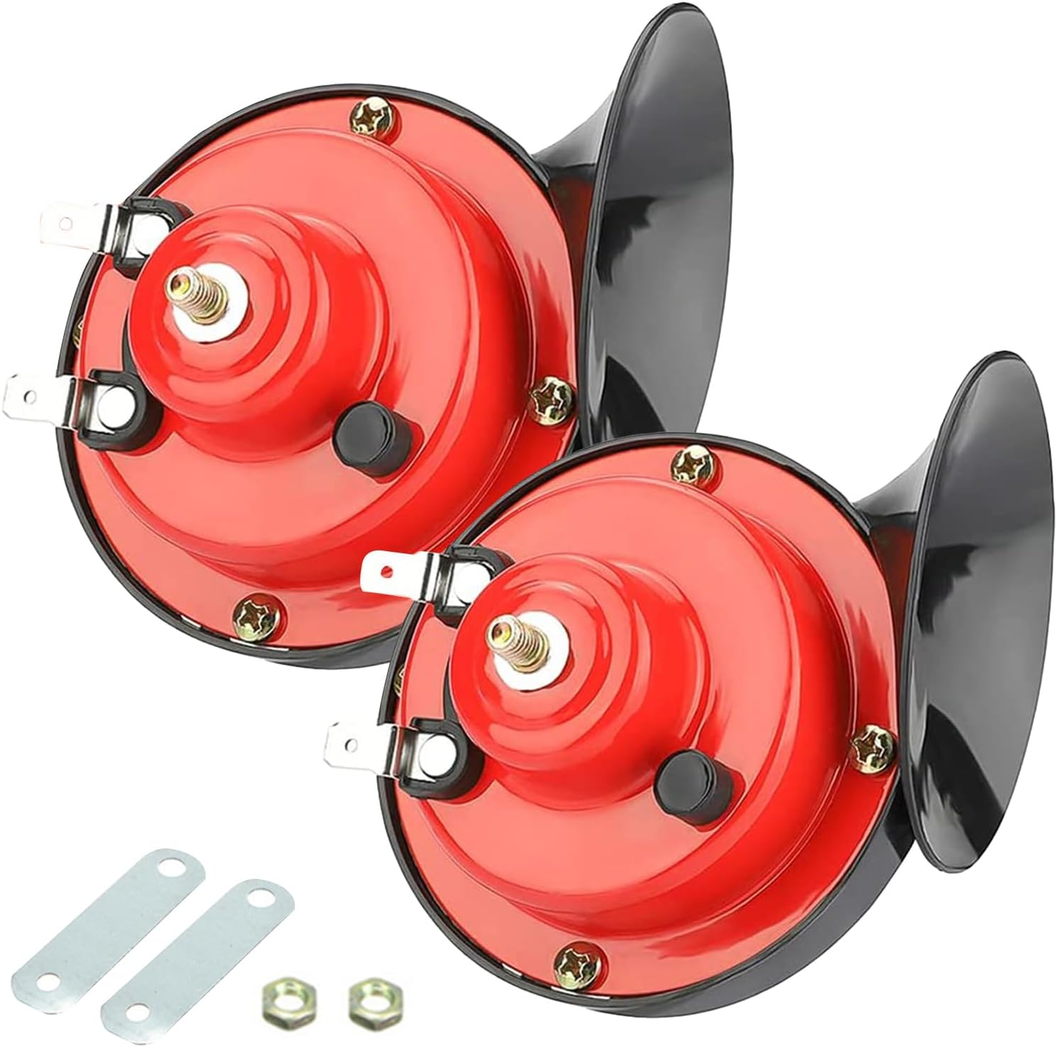 Pack-2 300DB Super Loud Train Horn, 12V Security Alarm Waterproof Speaker, Car Air Electric Snail Double Horn Replacement Kit, Fits for Most Cars Motorcycle, Truck, Bike (Red)