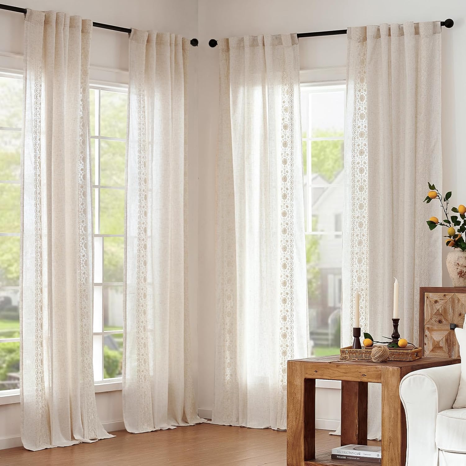 Vangao Leinenoptik Gardinen 140B x 145Hcm 2er Set Boho Stickerei Beige | Blumen Muster Vintage Vorhänge Kurz mit Verdeckten Schlaufen, Lichtdurchlässig, Wohnzimmer Schlafzimmer Küche Fenster Natur