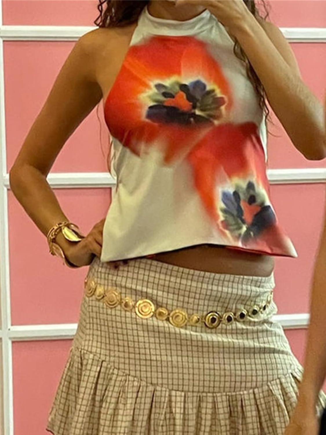 Sunloudy Women Halter Mock Neck Tank Tops Sleeveless Backless Floral Print Top Trendy Open Back Going Out Camisole - Image 2