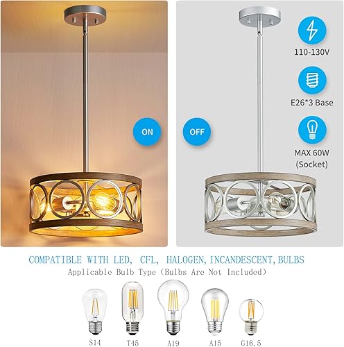 Miniatura 4 de XINGQI Lámpara colgante de tambor rústico de 13 pulgadas, lámpara de techo moderna de 3 luces de altura ajustable para comedor, cocina, isla, sala