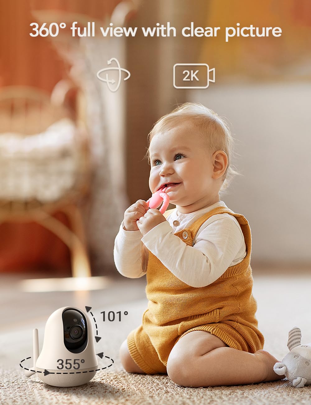 nooie 2K Baby Monitor Video e Audio, 5GHz Telecamera Bambini, Visione notturna, Audio Bidirezionale, Riconoscimento dei Pianti/Suoni e Temperatura, Tracciamento AI del Movimento, Funziona con Alexa