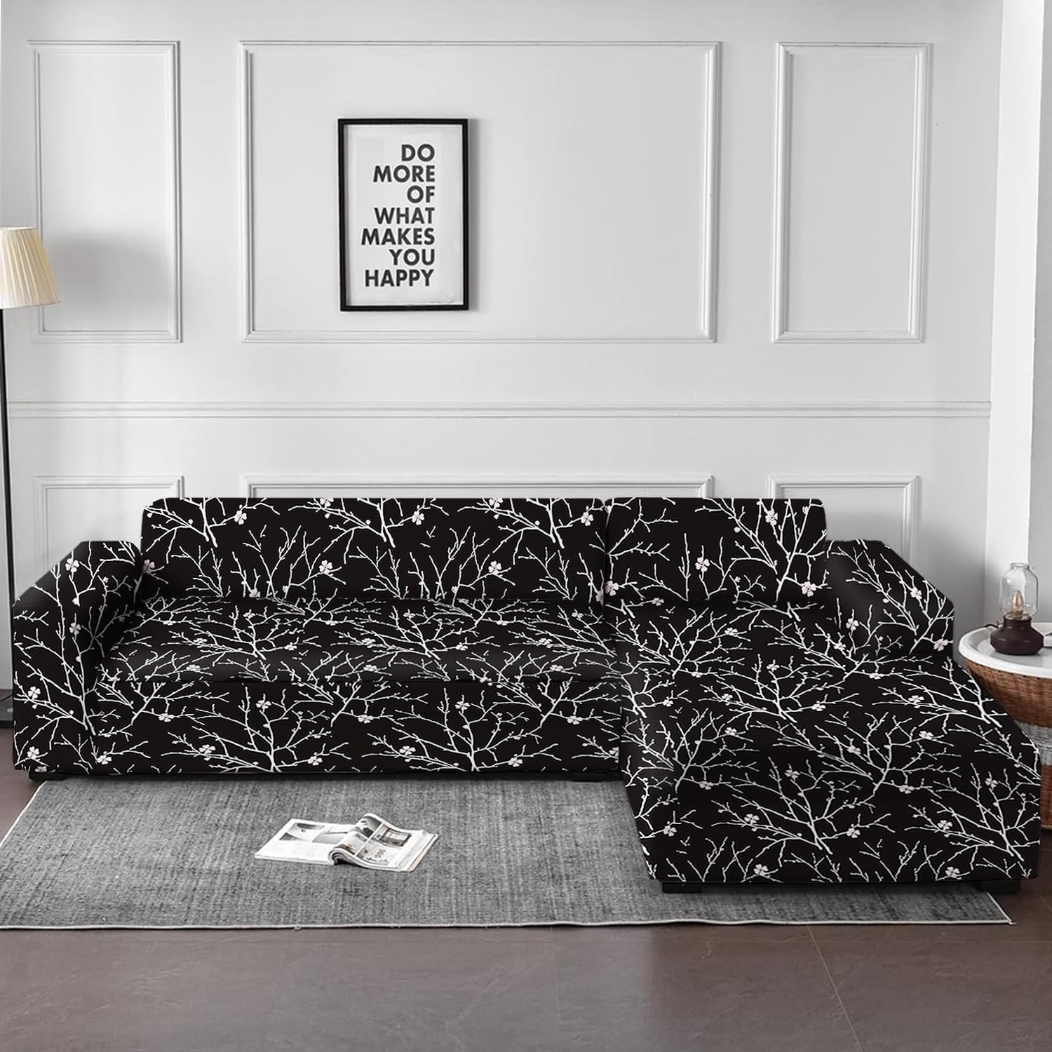 Lukzer L-Shaped Sofa Cover - Navy Blue Flower -17