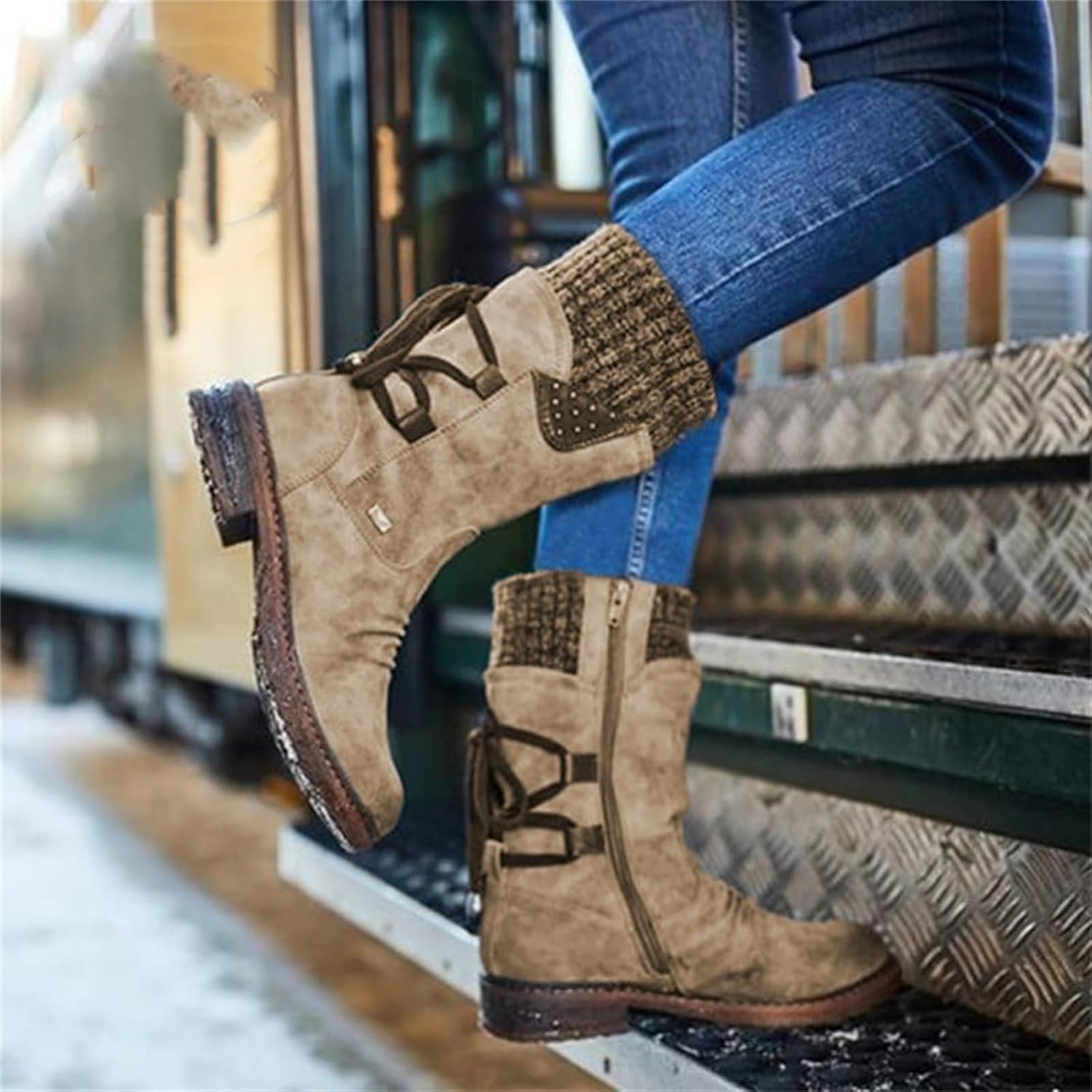 Lace up Wide Calf Boots, Boots with Socks Built in Women, Lock Boots, Black Back Lace up Boots