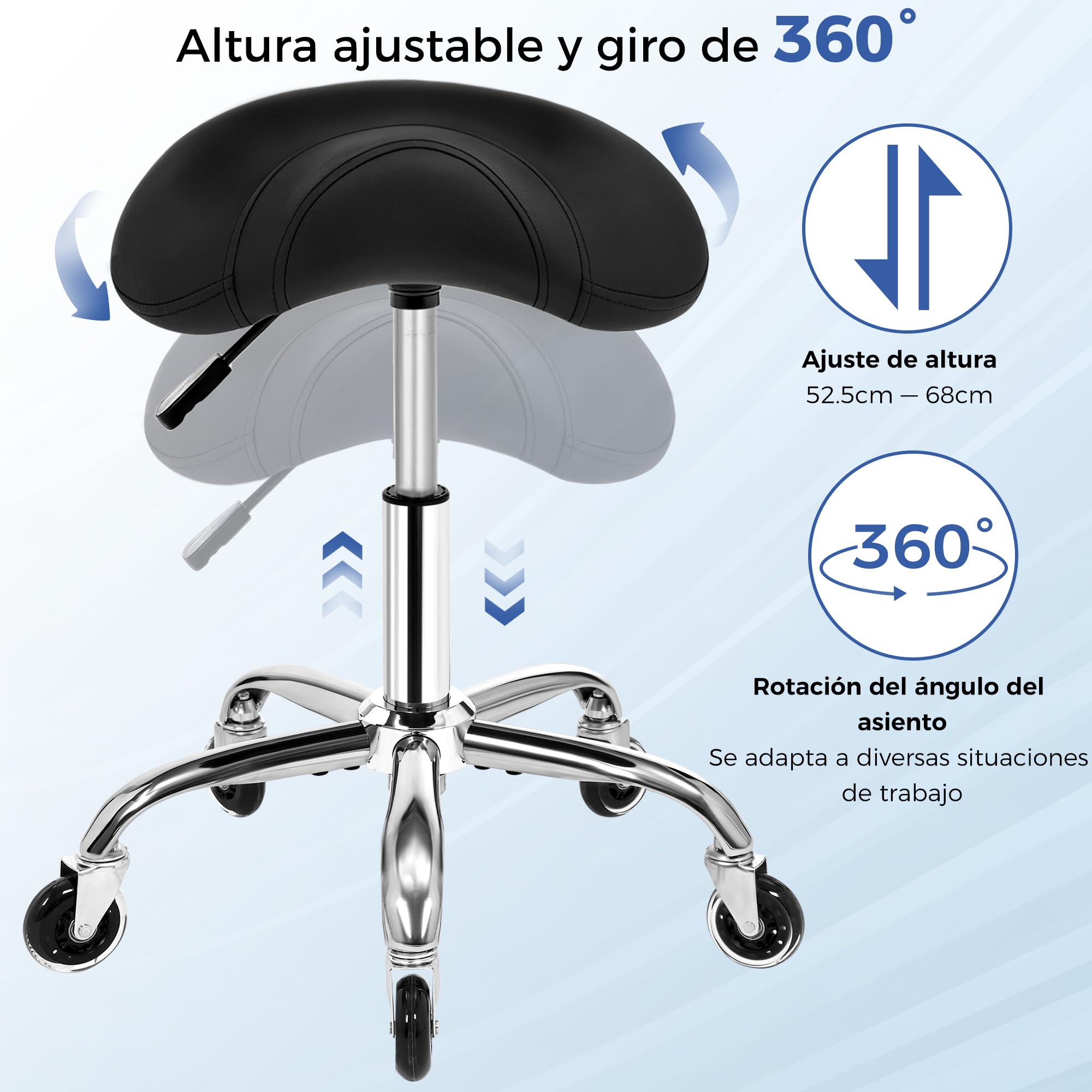 ANWBROAD Taburete con Ruedas Taburete Ergonomico Altura Ajustable | Taburete Giratorio Asiento Acolchado Amplio Carga 204 kg para Salones de Belleza,Spas y Clínicas Negro WSS001B