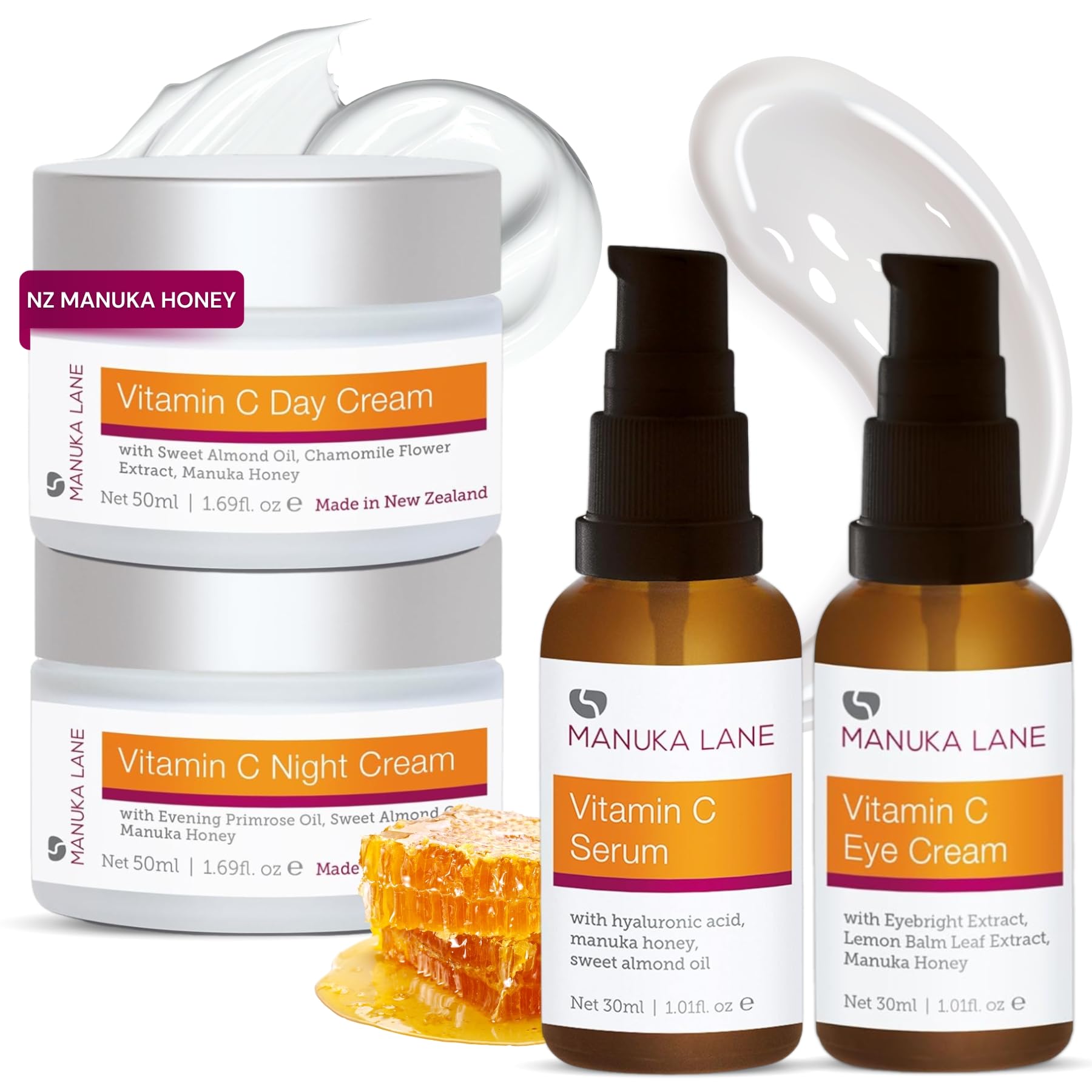 Manuka Lane Vitamin C Complete Skin Care Regimen | Includes (1) Day Cream, (1) Night Cream, (1) Face Serum, (1) Eye | Powerful, Safely Derived, and