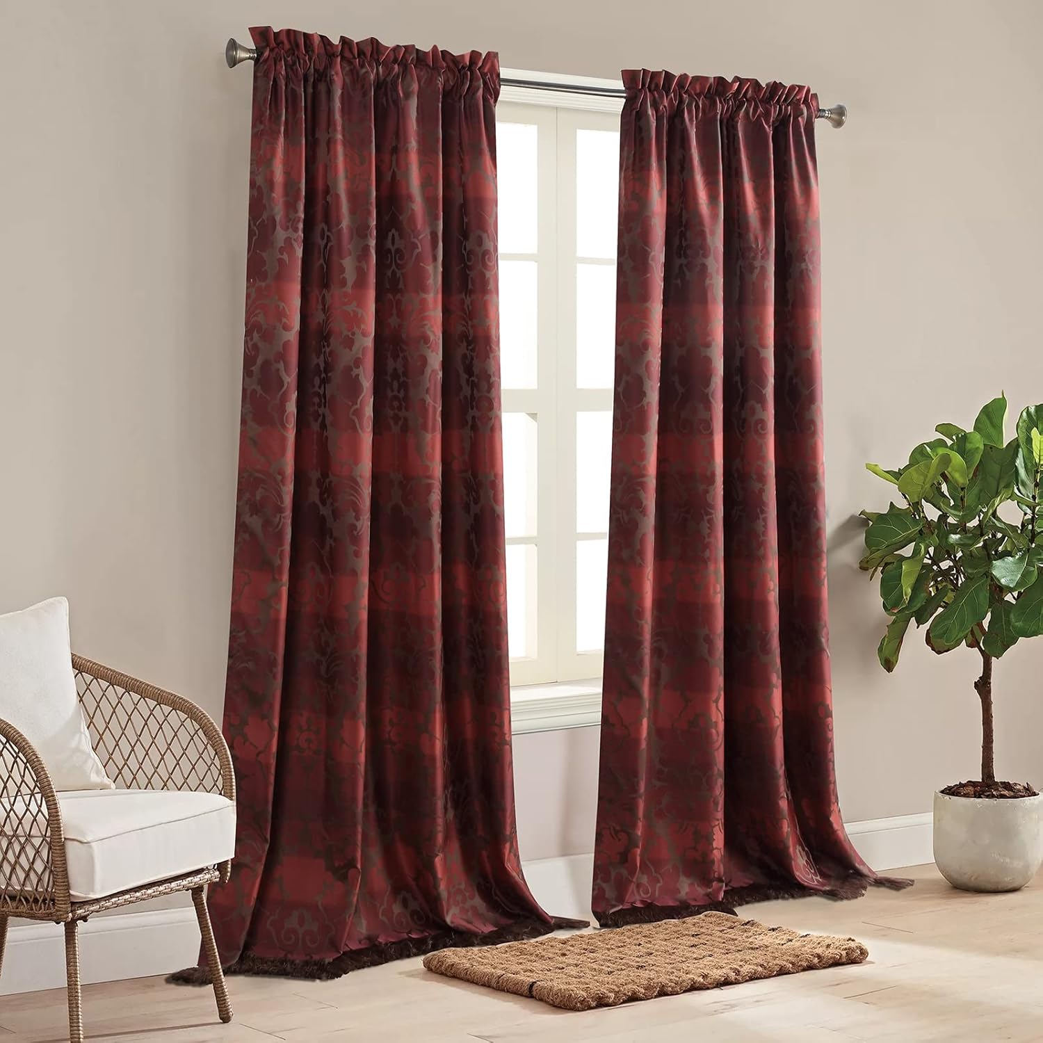 Contessa Farmhouse Burgundy Yarn Dyed Red Damask Polyester Fabric Handmade Tassel Fringe Border Trim Window Curtain,Rod Pocket Panels Pair,Each 52" W x 63" L,Total 104" W x 63" L
