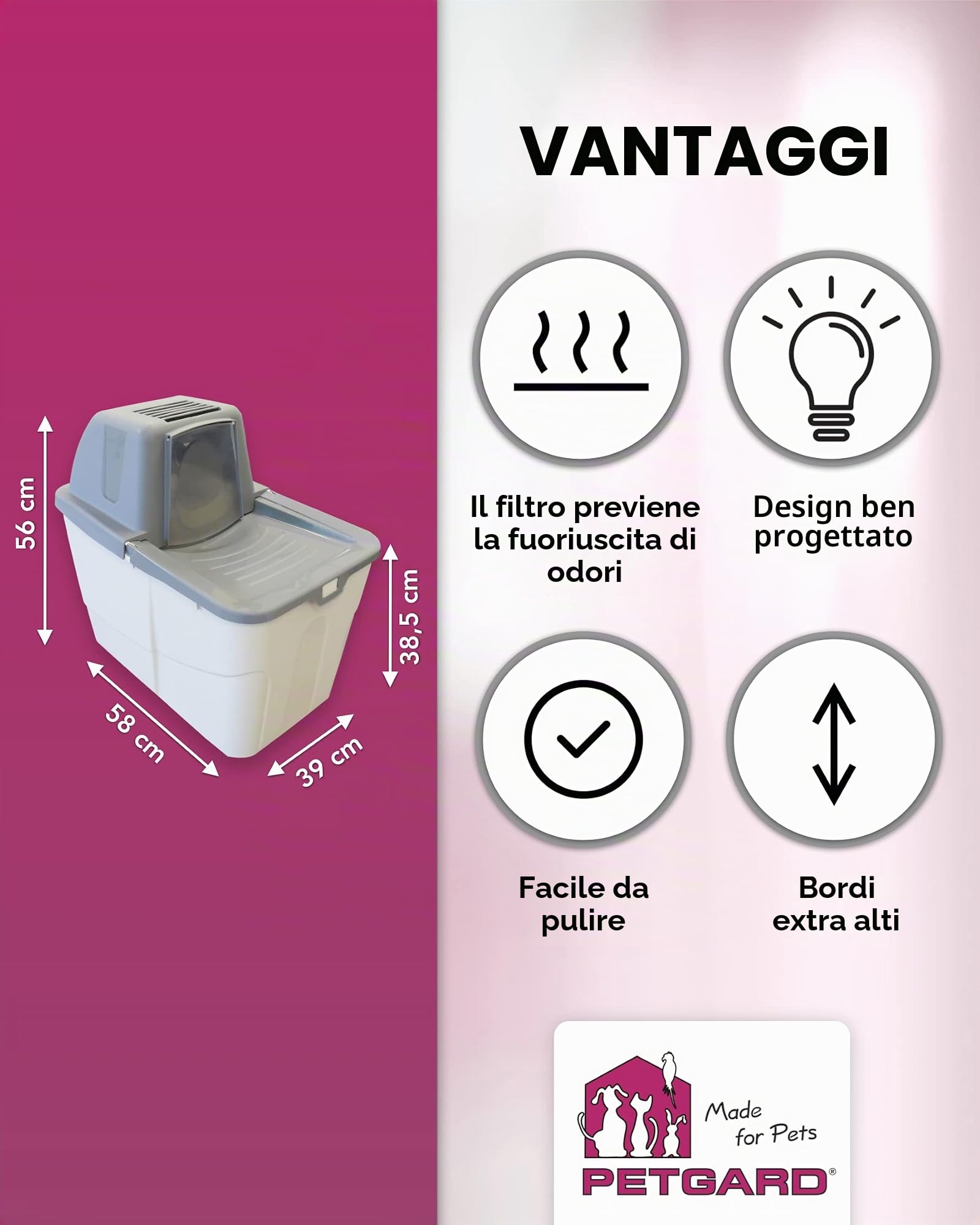 PETGARD Lettiera per gatti Sofia Close – wc con ingresso dall'alto – filtro – 58 x 39 x 56 cm – per gatti e bacche