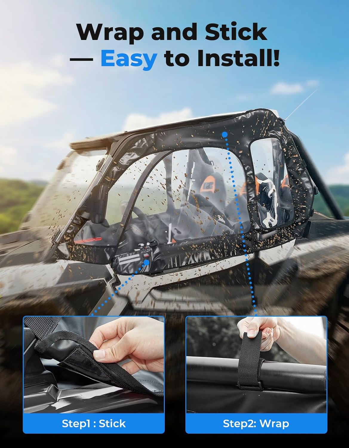 KEMIMOTO Upper Doors with Steel Frame Compatible with Polaris RZR XP 1000 / XP Turbo 2016-2023, Waterproof Tear-Resistant Embossed PVC Oxford fabric Cab Enclosure Upper window - 2 Seater