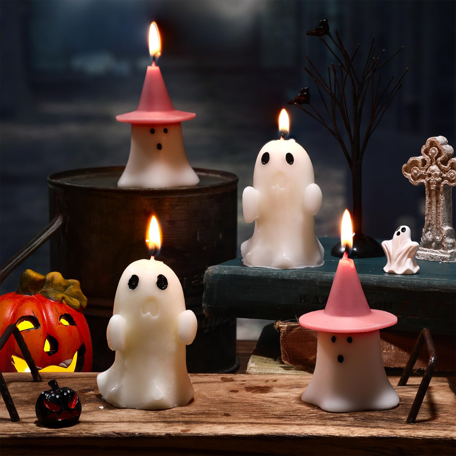 4x Halloween Kerzen – Geister & Kürbis Form – Aus Sojawachs, 4 Cm Durchmesser – Mit Duft