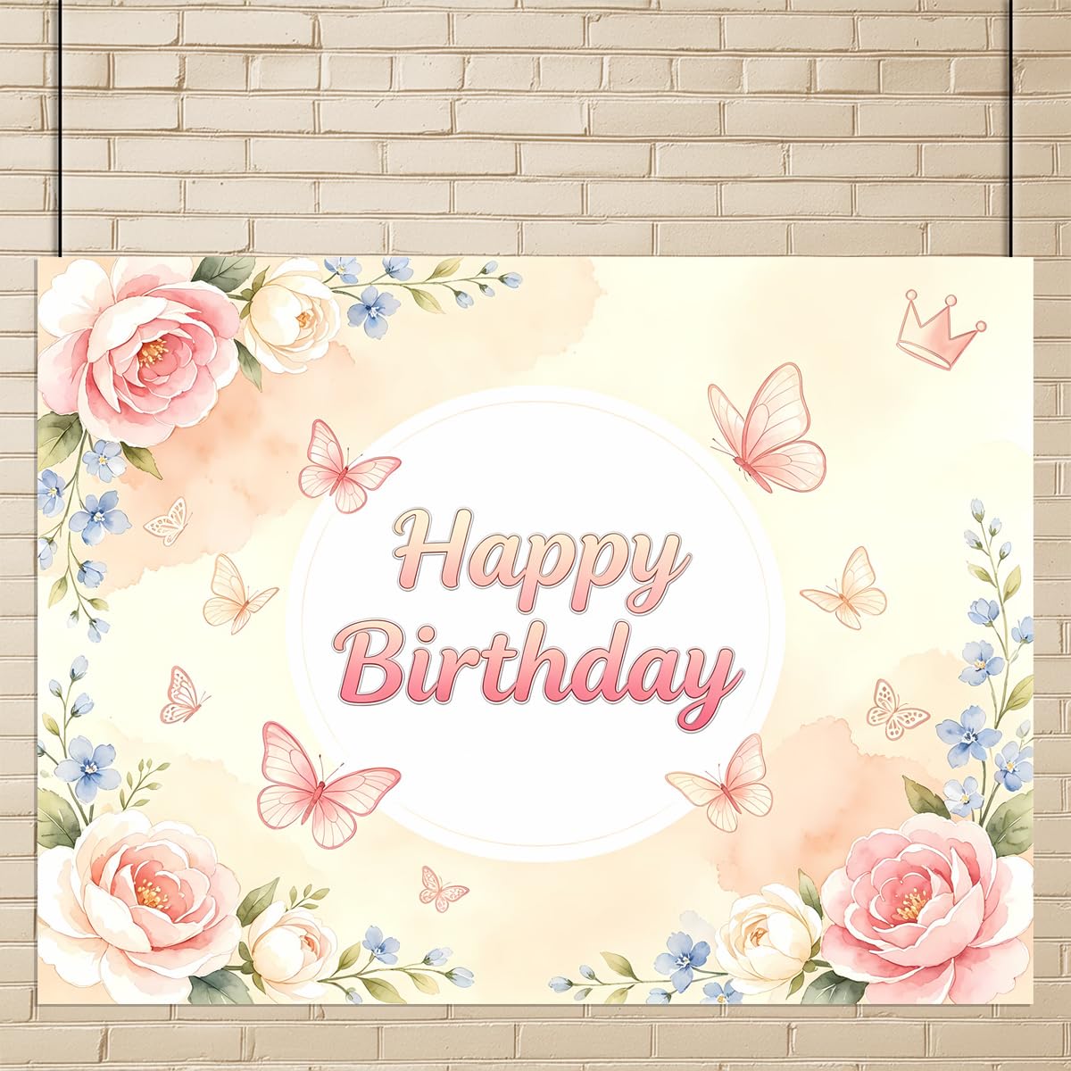 Pastelowe białe kwiatowe tło fotograficzne Happy Birthday, delikatna akwarela motyl i korona tło tkanina dla dziecka urodziny sesja zdjęciowa budka dekoracja