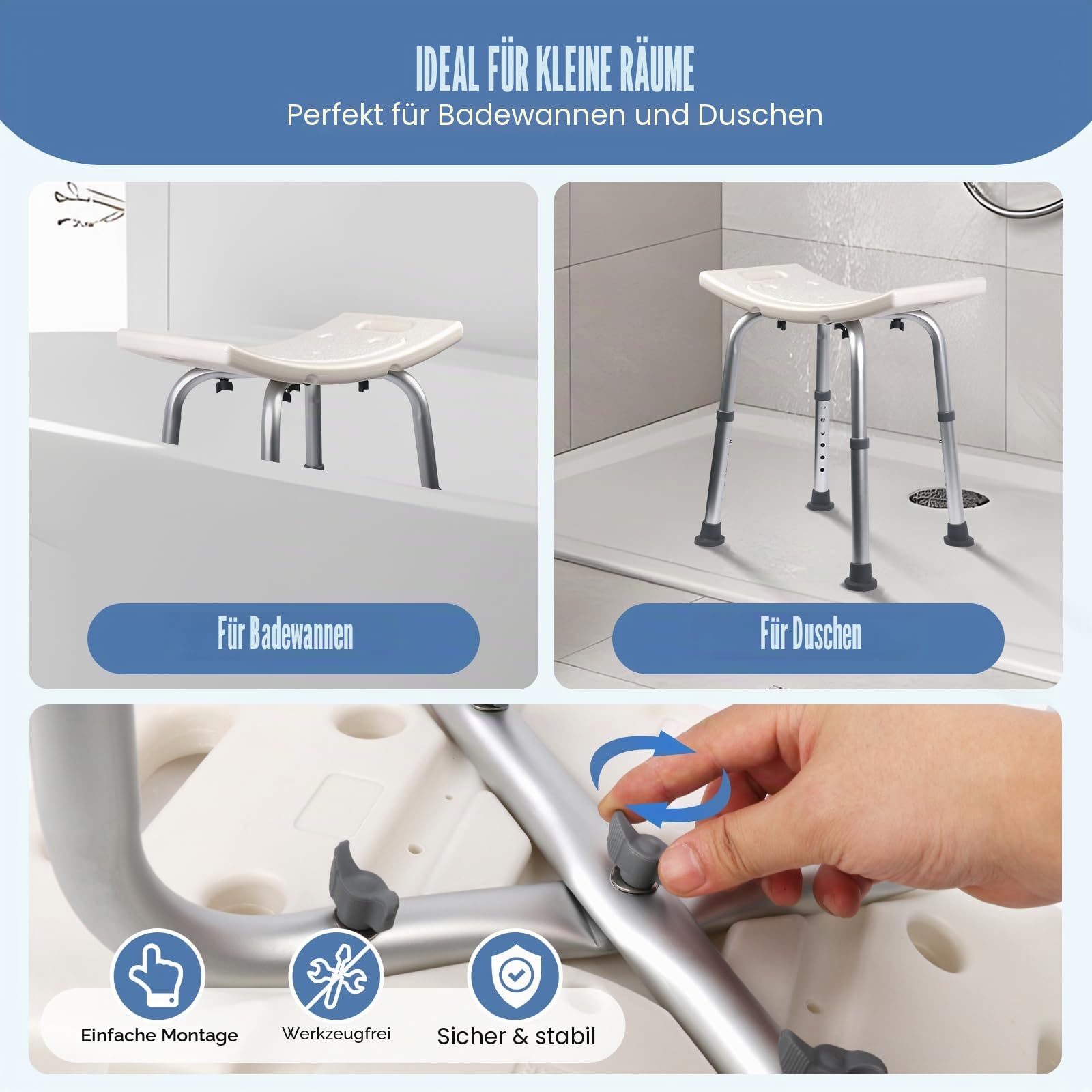 Ez2care Duschhocker, Höhenverstellbarer Duschstuhl, Rutschfester Badhocker für Dusche & Badewanne, Stabiler Aluminium Duschsitz, Leicht, Komfortabel, Vielseitig & Belastbar bis 136 kg, 37,5–49,5 cm