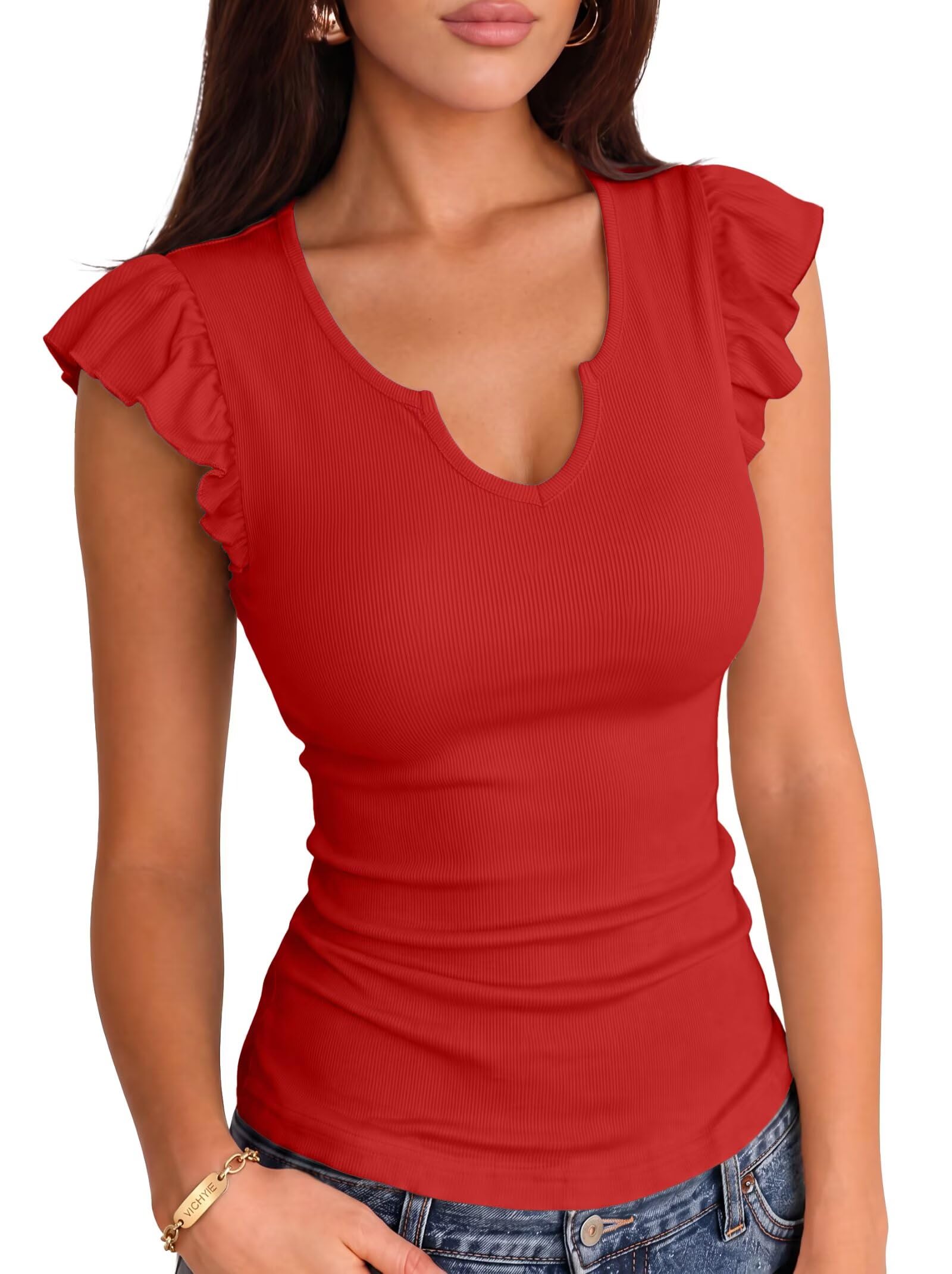 VICHYIE Summer Women Ruffle Cap Sleeve Pretty Fitted Shirt