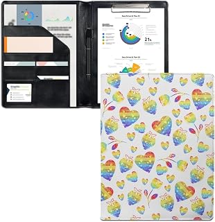 GOSTONG Leather Portfolio Case for Women Men Padfolio Cover for Girls with Rainbow Heart Print Conference/Resume/Legal Document Organizer with Letter/A4 Size Clipboard