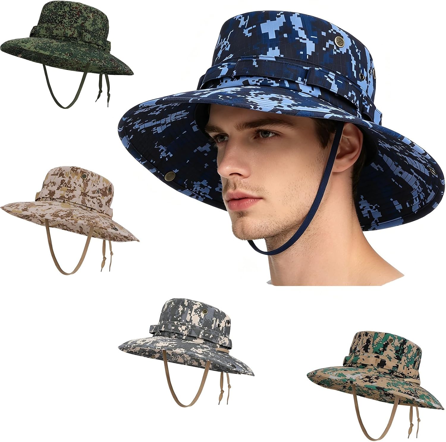 5 Pack Mens Camo Boonie Hats,Sun Fishing Hat,Bucket to Cowboy Caps for Hunting Hiking Tactical Outdoor Activities