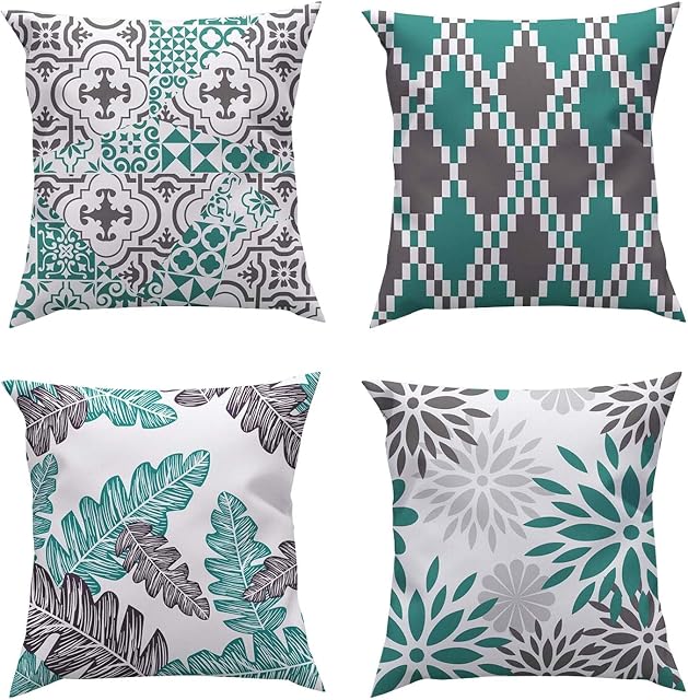 ROCK CLOUD Teal Cushion Covers 45 x 45 cm Set of 4 Geometric Decorative Pillow Cover for Couch Modern Pillow Cases for Living Room Cushion Bed Outdoor Green and Gray Home Decor