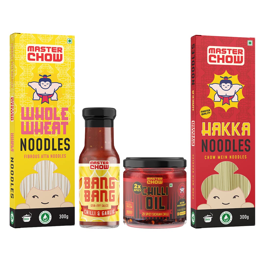 MasterChow Spicy Chowmein Pack - Extra Spicy 2X Chilli Oil Dip with Healthy Whole Wheat Noodles, Hakka Noodles & Bang Bang Chilli Garlic Cooking Sauce | Street Style Chowmein in 10 Minutes |