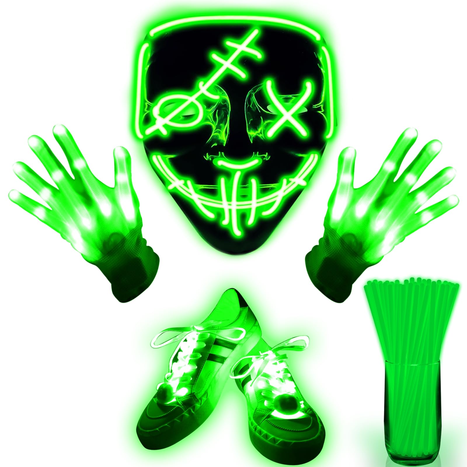 Camlinbo 4 Set Halloween LED Mask Light Up Gloves Glow Shoelaces 20 Glow Sticks 20 Connector Scary Halloween
