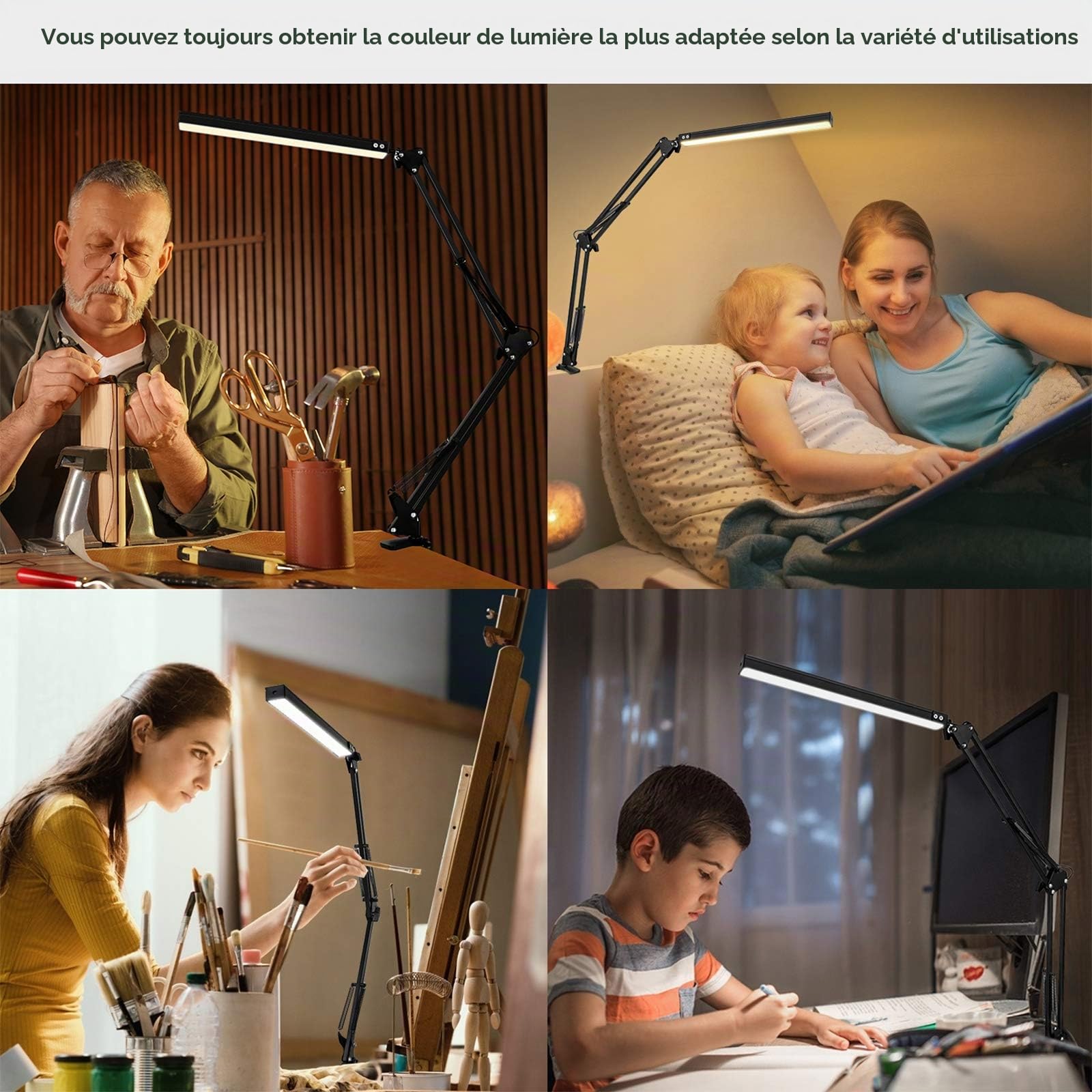 SKYLEO Lampe LED de bureau et de lecture avec USB, bras oscillant et pince, à intensité variable et 3 modes de couleur pour la protection des yeux